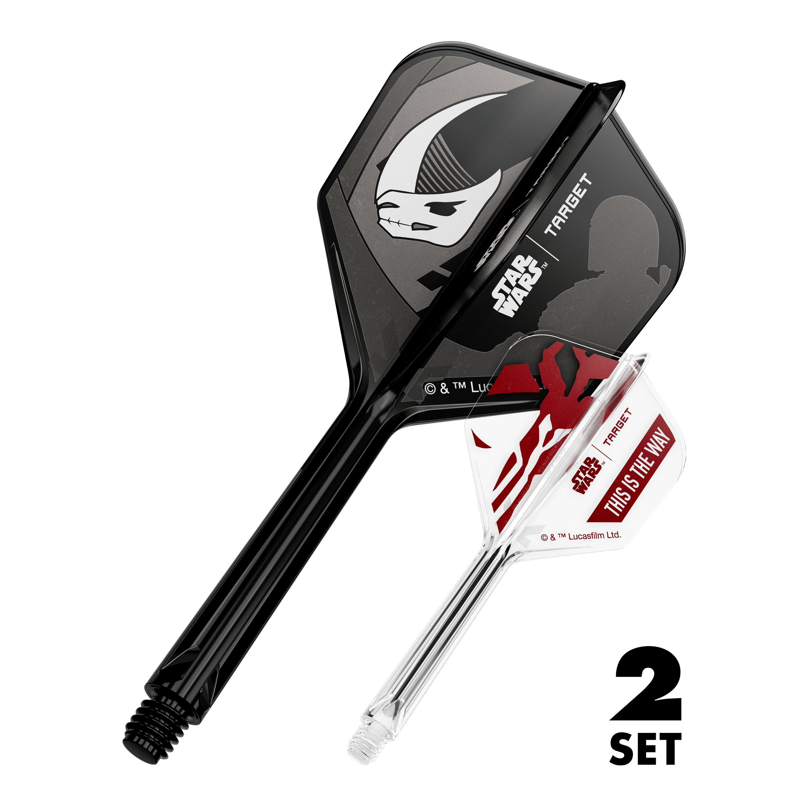 Target Star Wars K-Flex Set Mandalorian No6 Flights Das Bild zeigt den Artikel '410625_Target_StarWars_K-Flex_Mandalorian_2PackSet_No6_Flights_33mm_1'. Es handelt sich wahrscheinlich um Dart-Flights mit Star Wars Mandalorian Motiv.