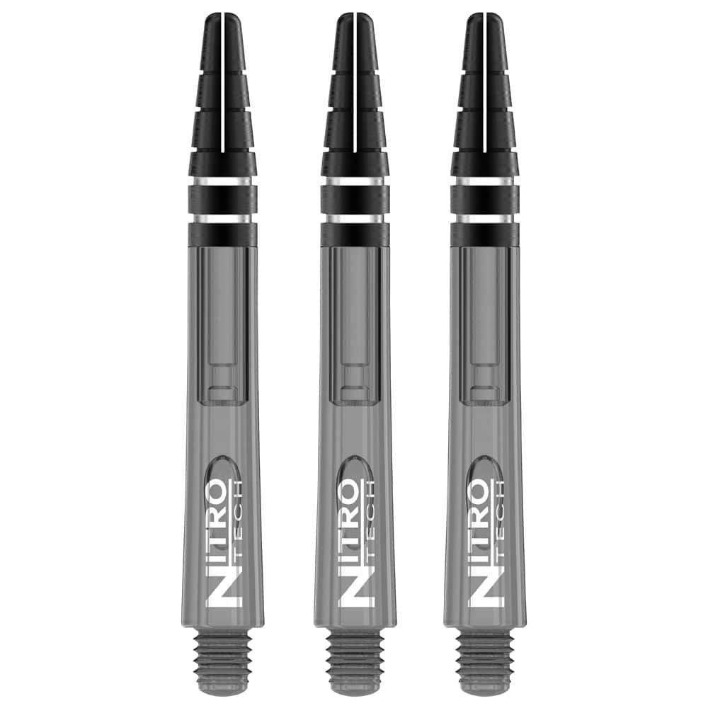 C448_Nitrotech_Medium_Black_Tint_V Das Bild zeigt drei RedDragon Nitrotech Shafts in schwarzer Tönung. Sie stehen nebeneinander und sind für Dartpfeile gedacht.