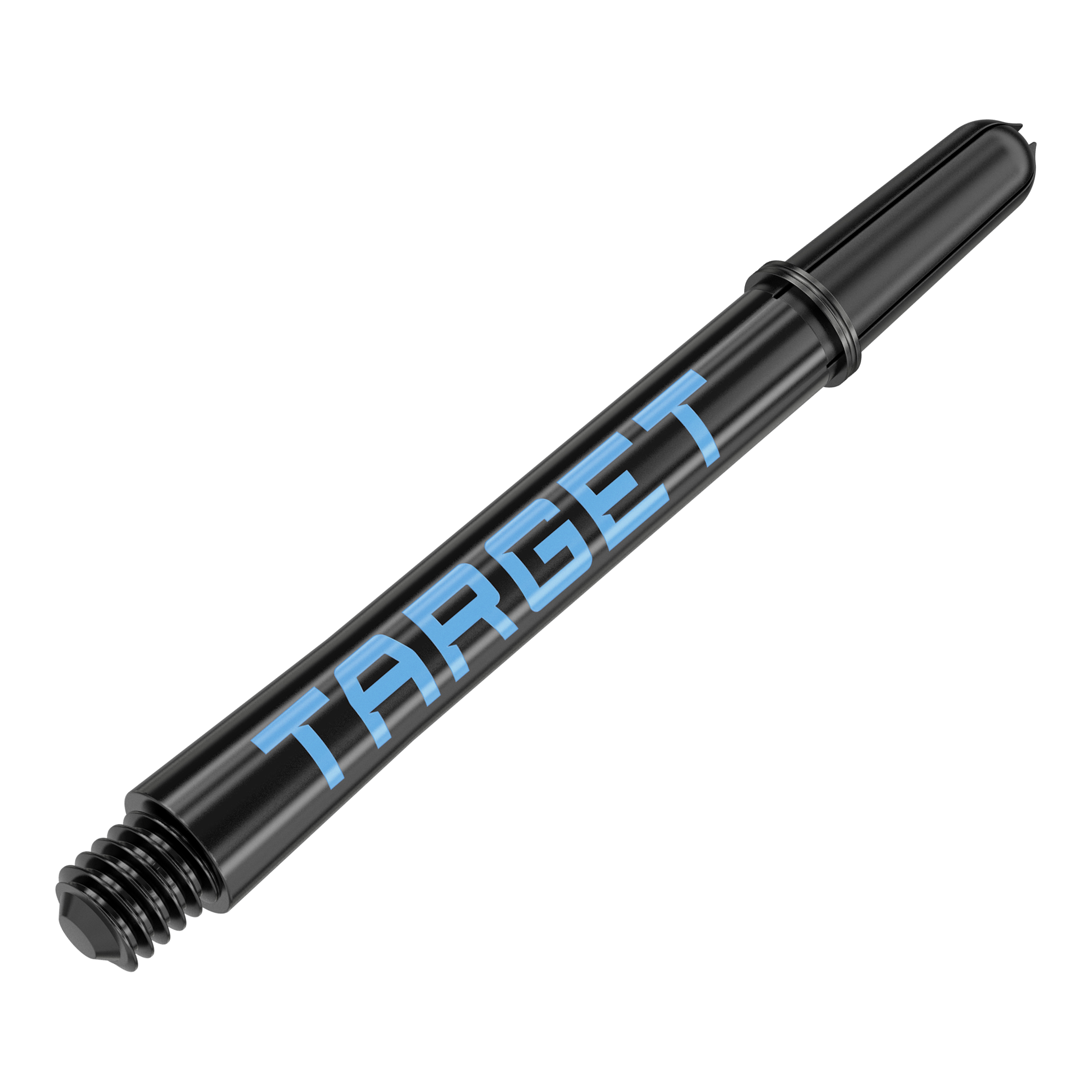 Target Pro Grip TAG Shafts - 3 Sets - Black Blue Das Bild zeigt einen schwarzen Dart-Schaft mit blauer Schrift, auf dem "TARGET" steht. Der Schaft hat ein Gewinde am Ende zur Befestigung am Dartpfeil.