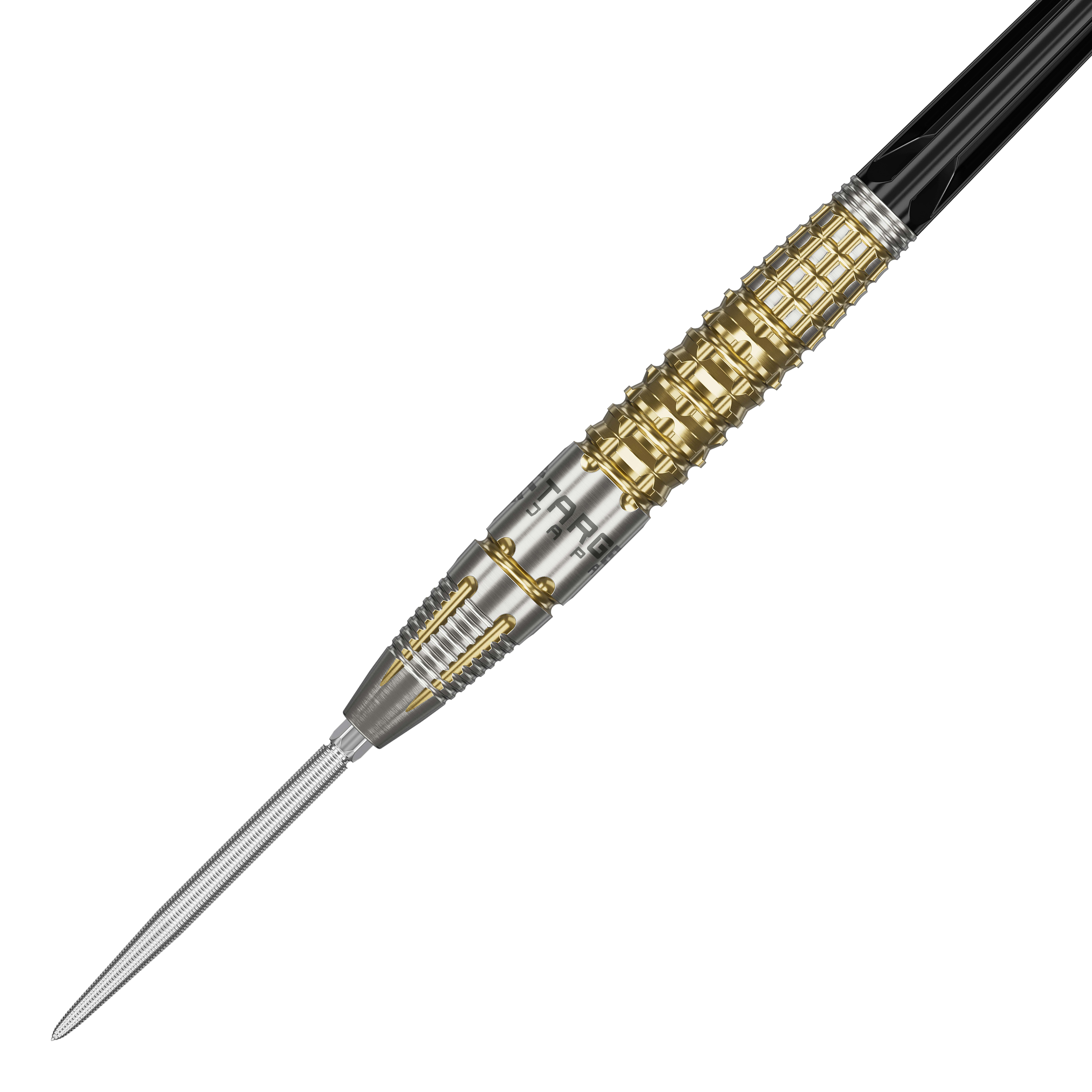 Das Bild zeigt einen Target Black Marque Warrior Swiss Point Steeldart. Der Dart ist silber und goldfarben mit auffälligen Rillen und einem spitzen Metallende.