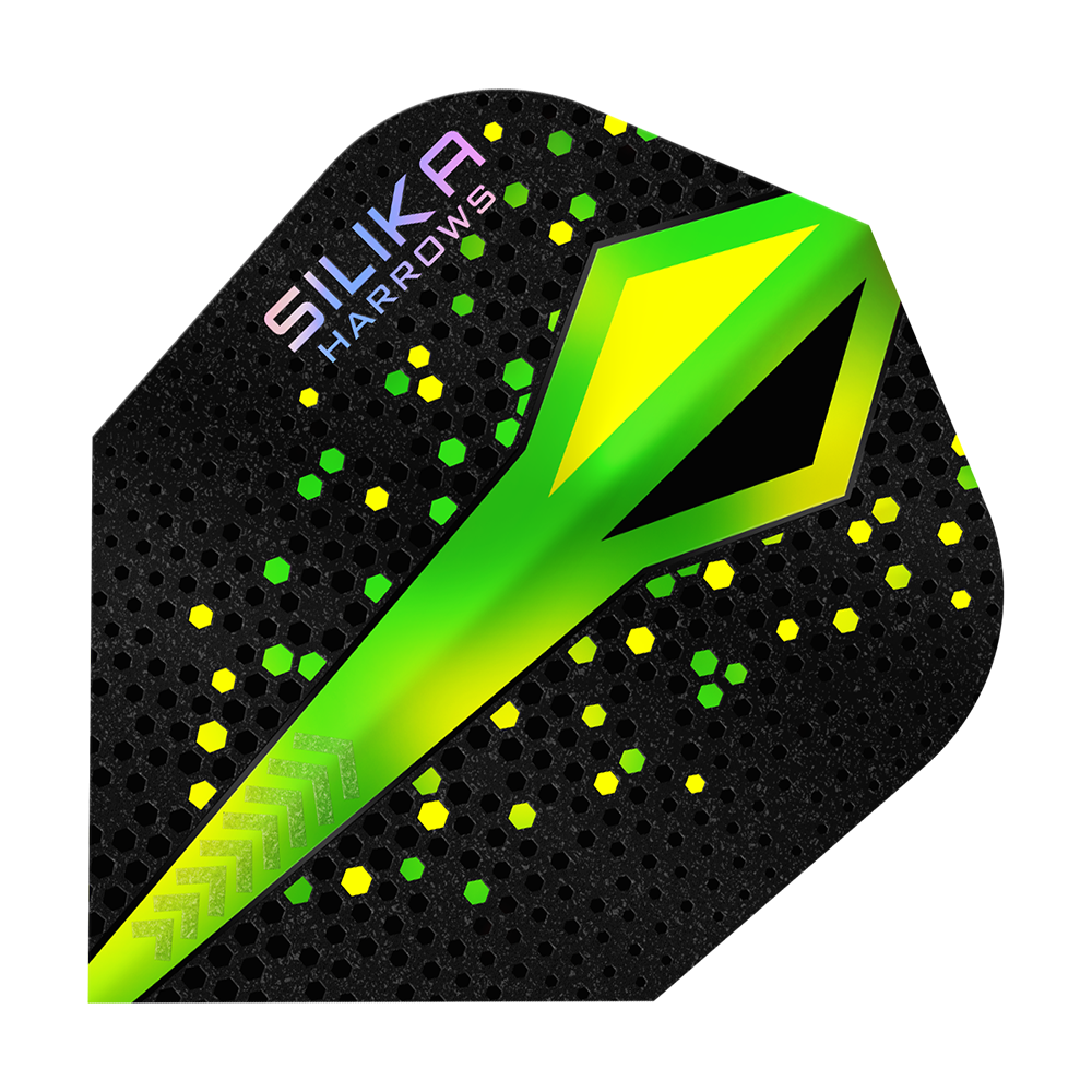 Das Bild zeigt ein Dart-Flügel von Harrows mit dem Namen "Silika Colourshift Tough Crystalline Coating Green No6". Das Design ist schwarz mit grünen und gelben Akzenten sowie einem auffälligen grünen Muster in der Mitte.