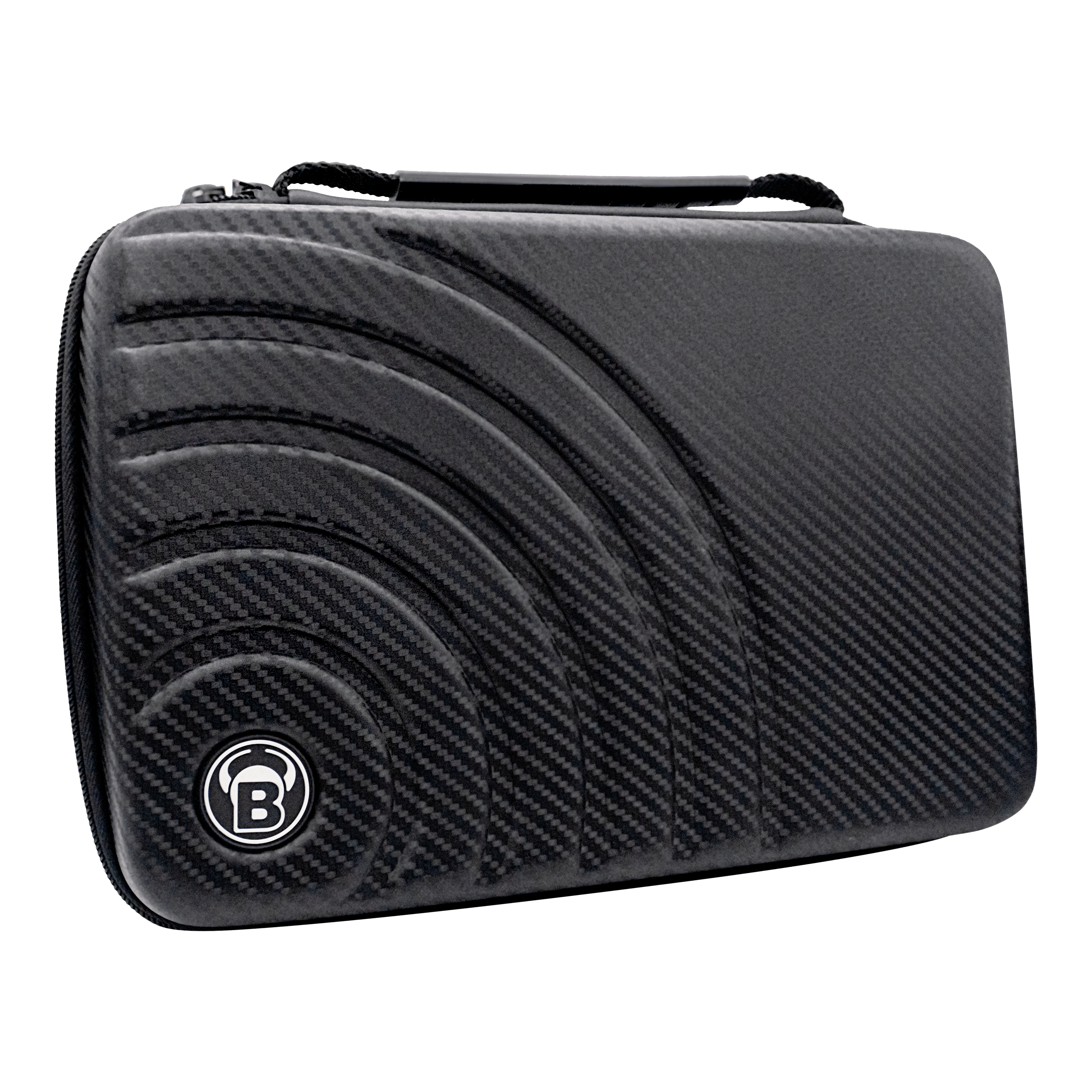 Bulls Orbis XXL dart case - carbon gray Das Bild zeigt das "Bulls Orbis XXL Dartcase" in Carbongrau. Das Etui hat ein modernes, karbonähnliches Design mit einem eingelassenen Muster und dem Bulls-Logo.