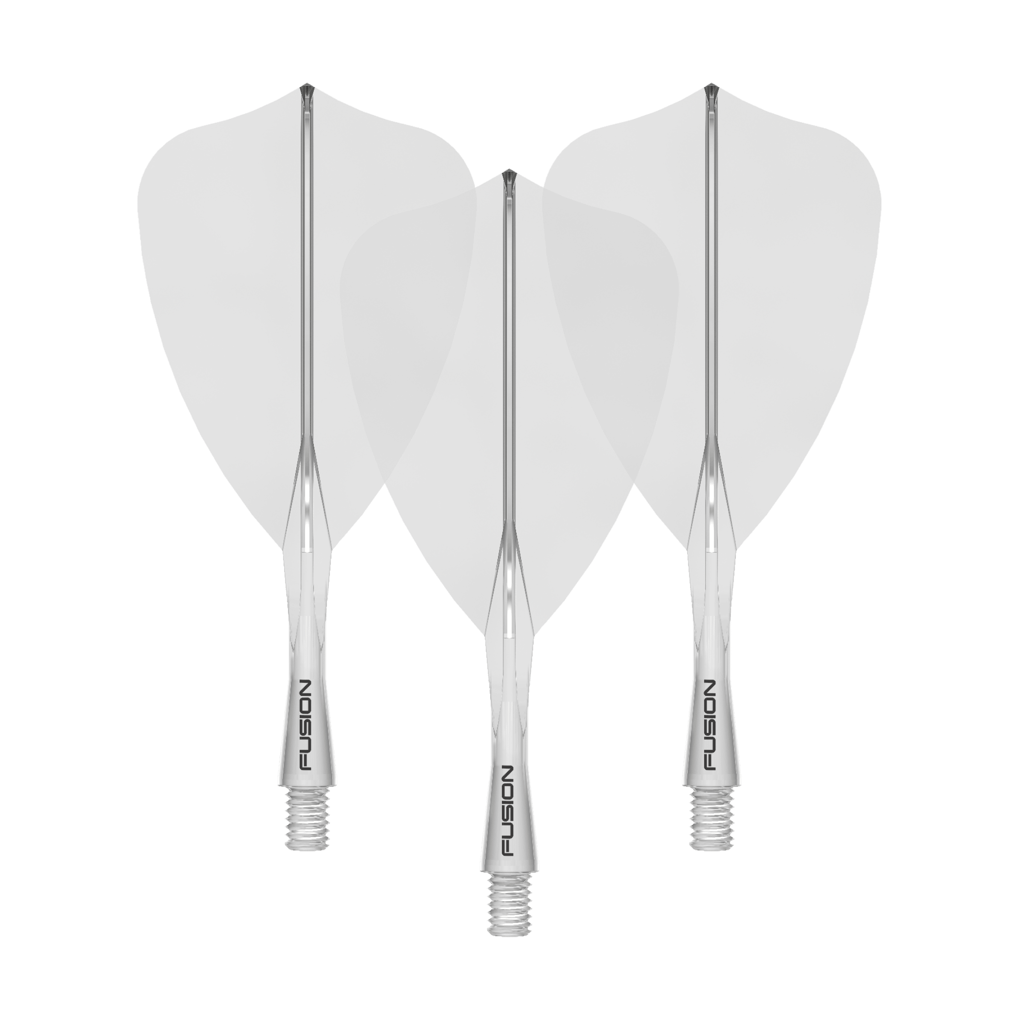 Winmau Fusion Flight Shaft System Arrow Clear Das Bild zeigt ein Winmau Fusion Flight Shaft System Arrow, klar und 22mm lang. Es handelt sich um ein Set von Schäften für Dartpfeile.