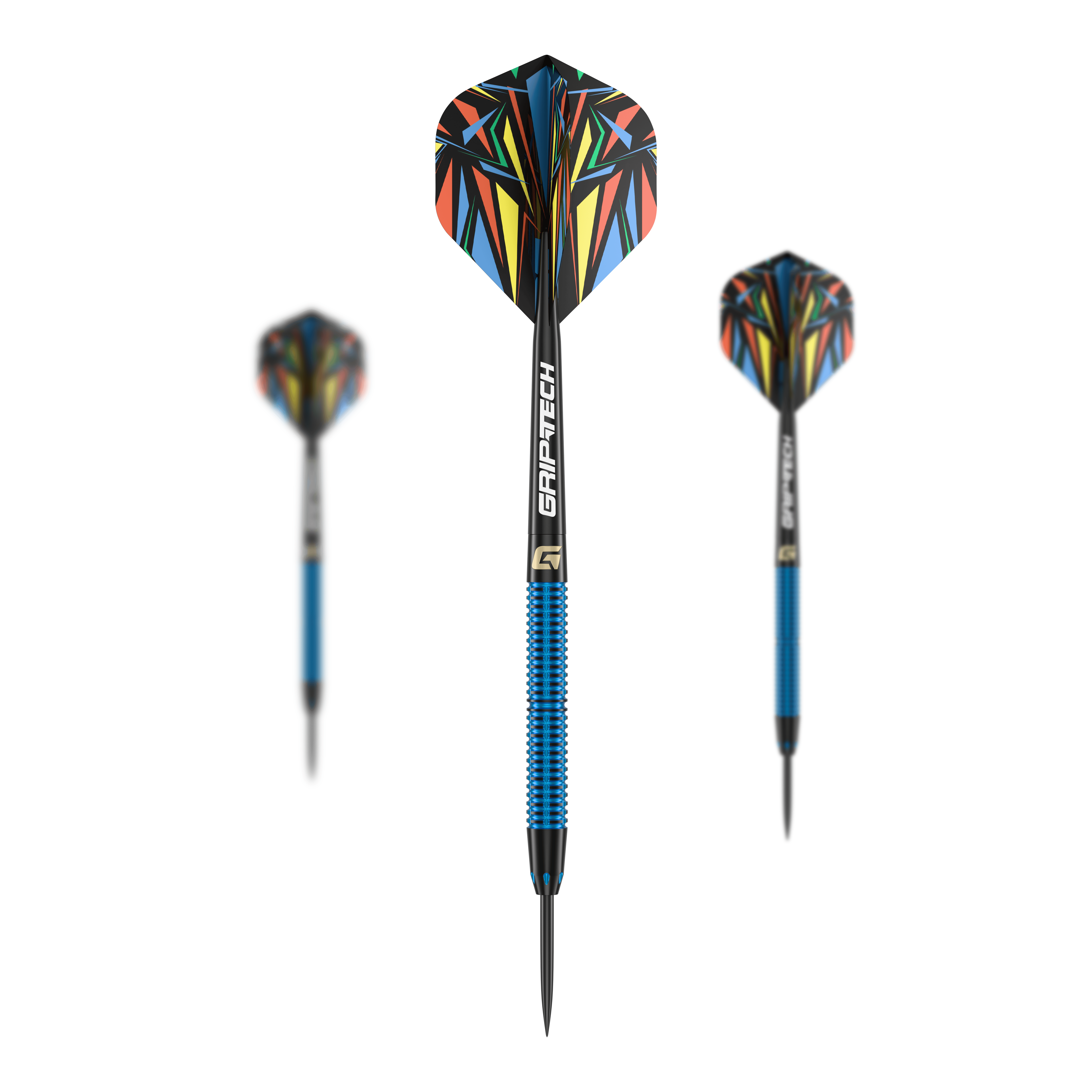 GOAT Athlete Blue Brass Steeldarts - 12g Das Bild zeigt drei Steeldarts des Produkts "GOAT Athlete Blue Brass Steeldarts - 12g". Die Darts haben blaue Griffe und bunte Flights mit einem auffälligen Muster.