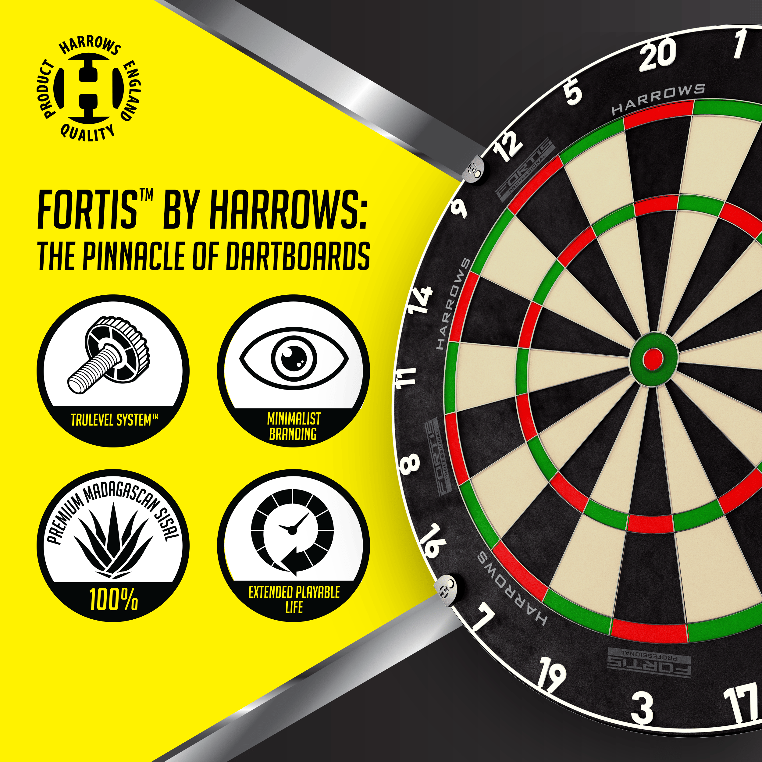 Harrows Fortis steel dartboard Das Foto zeigt ein Harrows Fortis Steeldartboard. Es ist für professionelle Dartspieler geeignet.