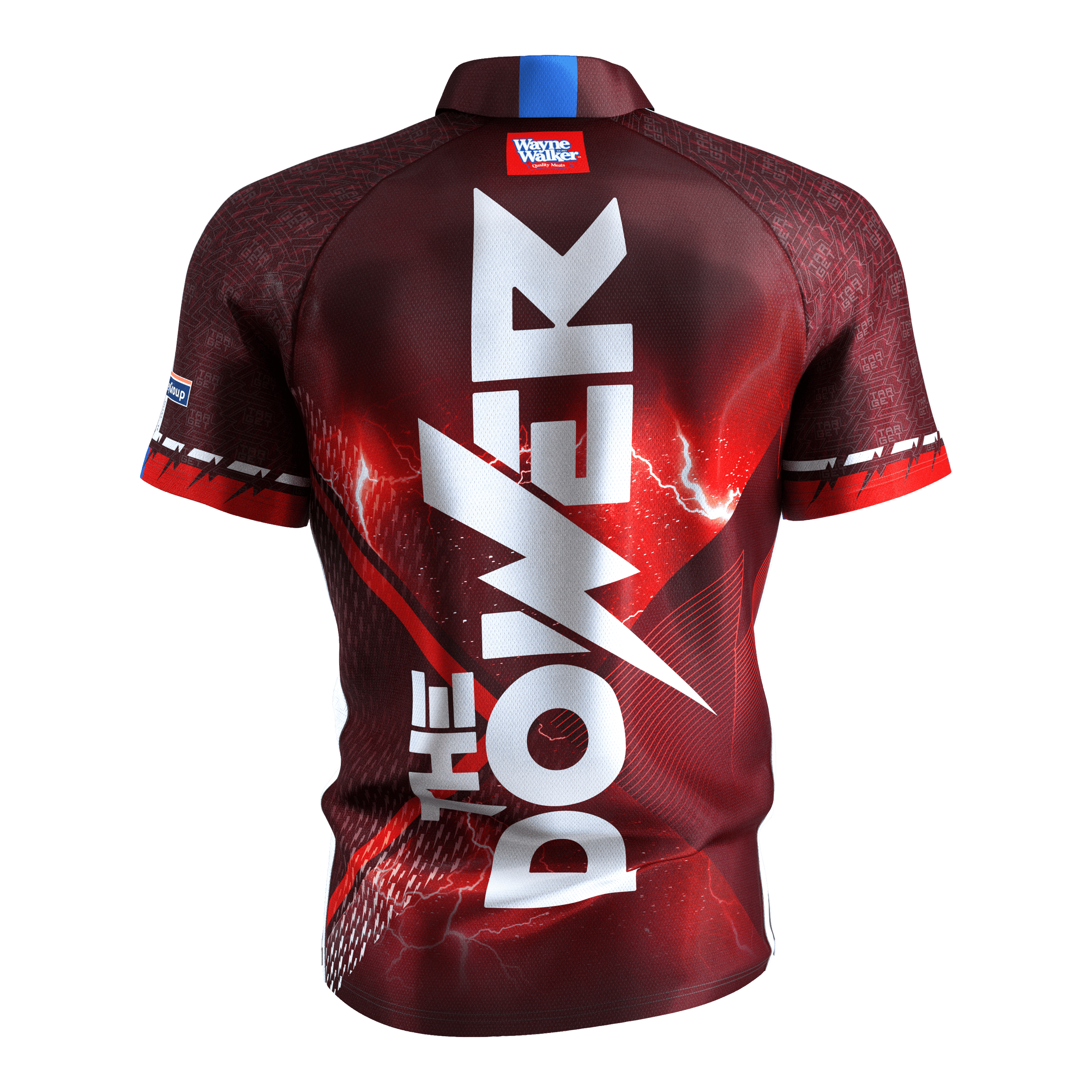 Target Coolplay Phil Taylor 2025 dart shirt Das Bild zeigt das "Target Coolplay Phil Taylor 2025 Dartshirt" von hinten. Auf dem Rücken steht in großen weißen Buchstaben "THE POWER".