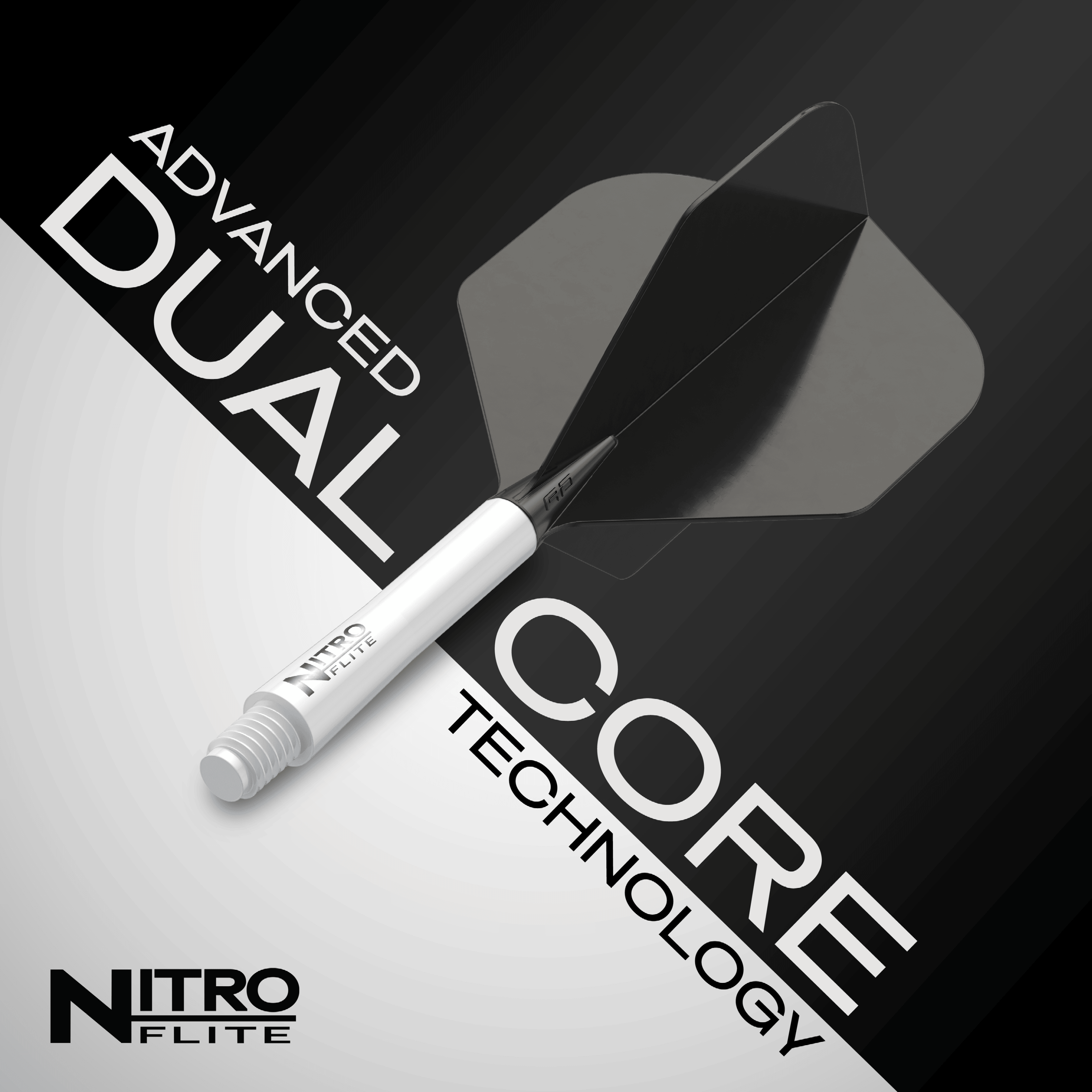 Red Dragon Nitroflite - White Shaft Black No2 Flights Das Bild zeigt das Produkt „Red Dragon Nitroflite – Weißer Schaft, schwarze No2 Flights“. Im Hintergrund steht in großen Buchstaben „Advanced Dual Core Technology“.