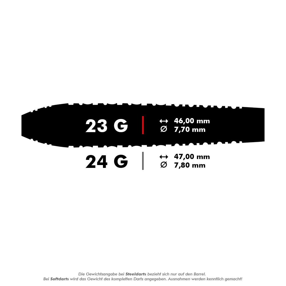 67163_Shot_ZEN_Juji_Steeldarts_5_23g Das Bild zeigt die Maße und Gewichte von Steeldarts mit 23 g und 24 g. Die 23 g Variante ist 46,00 mm lang und hat einen Durchmesser von 7,70 mm, während die 24 g Variante 47,00 mm lang und 7,80 mm dick ist.