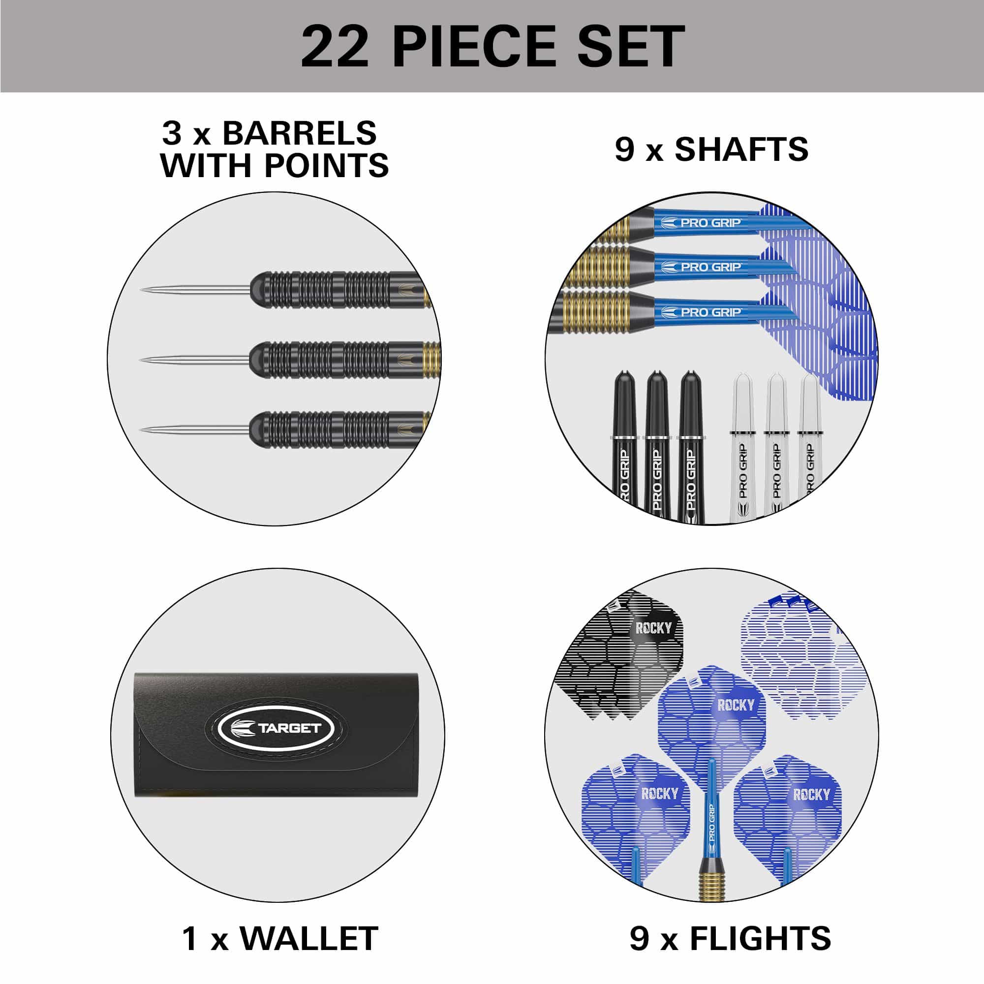 Target Josh Rock Brass Steel Darts - 22g Das Bild zeigt ein 22-teiliges Set von Target Josh Rock Brass Steeldarts - 22g. Es enthält 3 Barrels mit Spitzen, 9 Shafts, 9 Flights und ein Wallet.