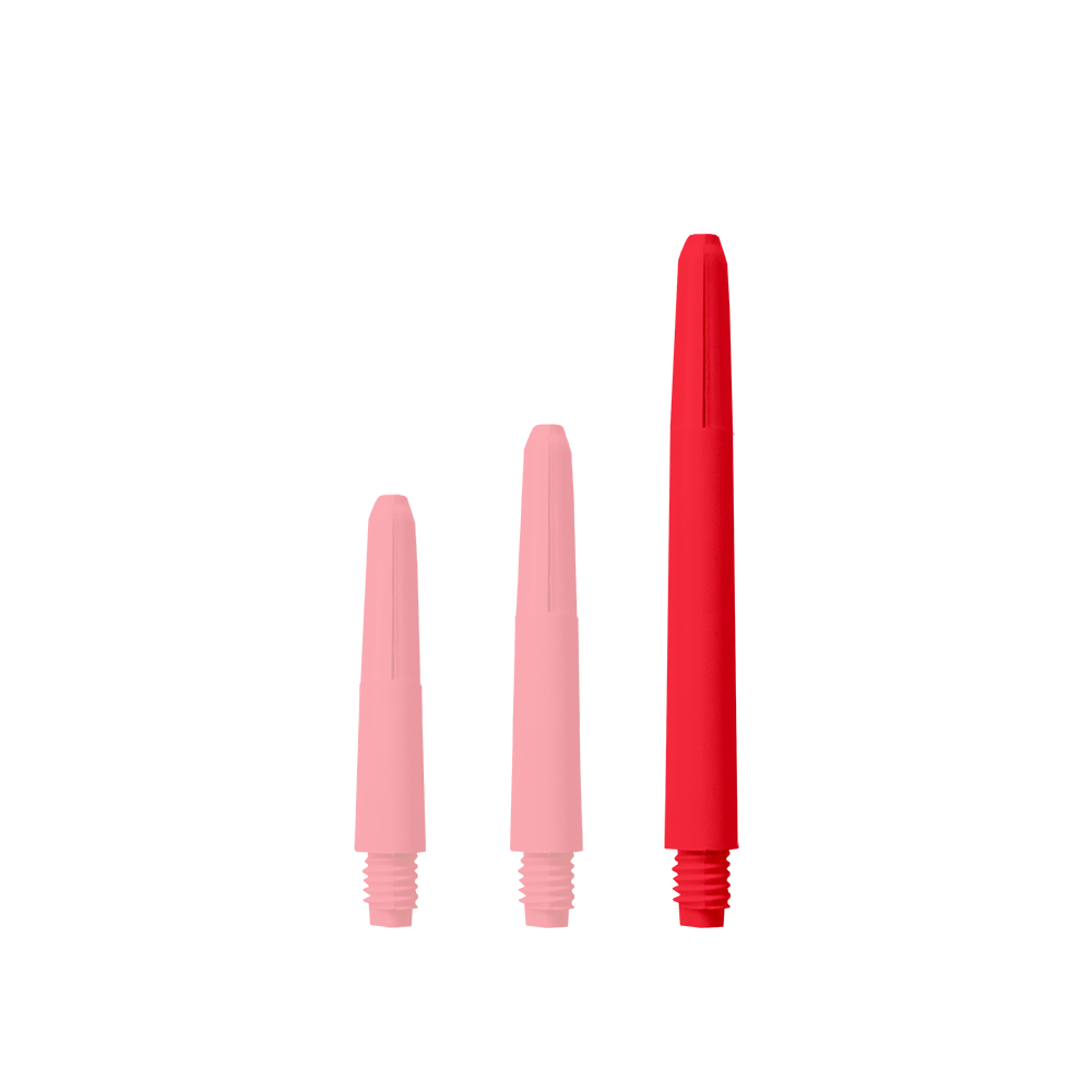 Das Bild zeigt drei rote Nylon Shafts in verschiedenen Längen. Sie sind senkrecht und nebeneinander angeordnet.