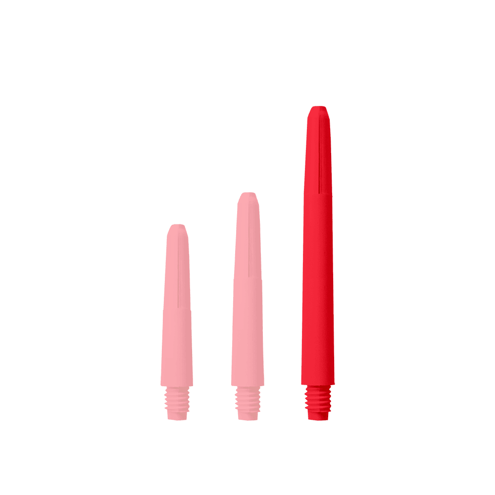 571_Nylon_Shafts_Rot_48mm_1NYXhkud4ojW2V Das Bild zeigt drei rote Nylon Shafts in verschiedenen Längen. Sie sind senkrecht und nebeneinander angeordnet.