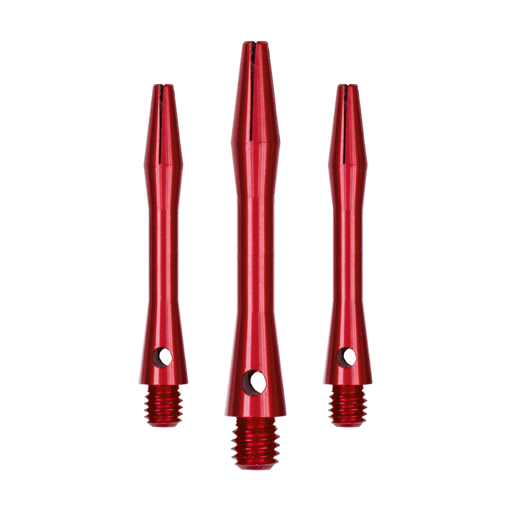 507_Aluminium_Shafts_Rot_35mm_1 Das Bild zeigt drei rote Aluminiumschäfte für Dartpfeile. Sie sind unterschiedlich lang und haben ein glänzendes Finish.