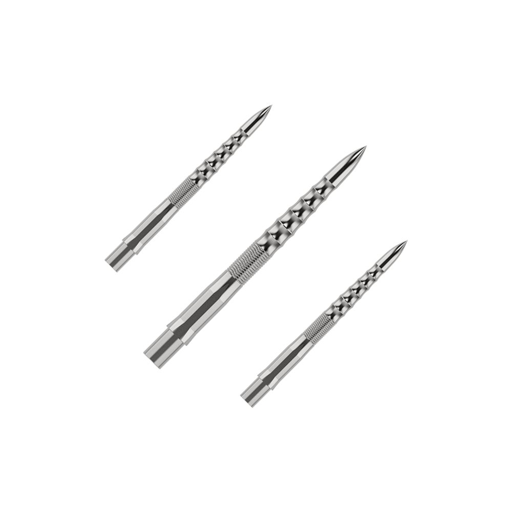 Mission Caliburn EVO dart tips - Ripple - Silver Auf dem Bild sind drei silberne Steeldartspitzen mit einem strukturierten Griff zu sehen. Sie sind in einem Set angeordnet und haben ein modernes, geriffeltes Design.