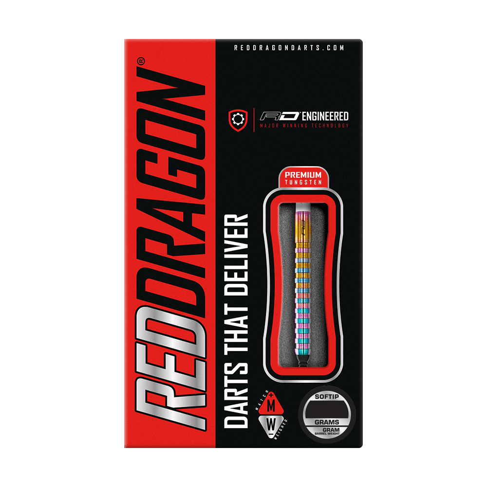 RD2517_Red_Dragon_Javelin_Spectron_Softdarts_3 Auf dem Bild ist die Verpackung der "Red Dragon Javelin Spectron Softdarts - 20g" zu sehen. Die Verpackung ist schwarz-rot und zeigt einen Dartpfeil mit farbigen Ringen im Sichtfenster.