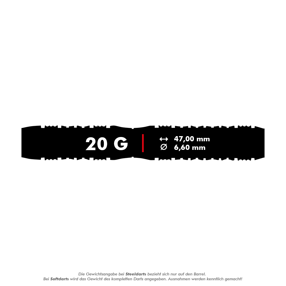Shot Viking Wolf soft darts - 20g Das Bild zeigt die Produktangaben für die Shot Viking Wolf Softdarts mit einem Gewicht von 20 Gramm. Die Darts sind 47,00 mm lang und haben einen Durchmesser von 6,60 mm.