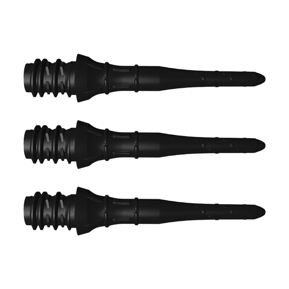 LIP39_L-Style_Premium_Lippoints_Short_Schwarz_1 Auf dem Bild sind drei schwarze L-Style Premium Lippoints Short zu sehen. Diese kurzen Spitzen werden im 30er Pack für Softdarts angeboten.