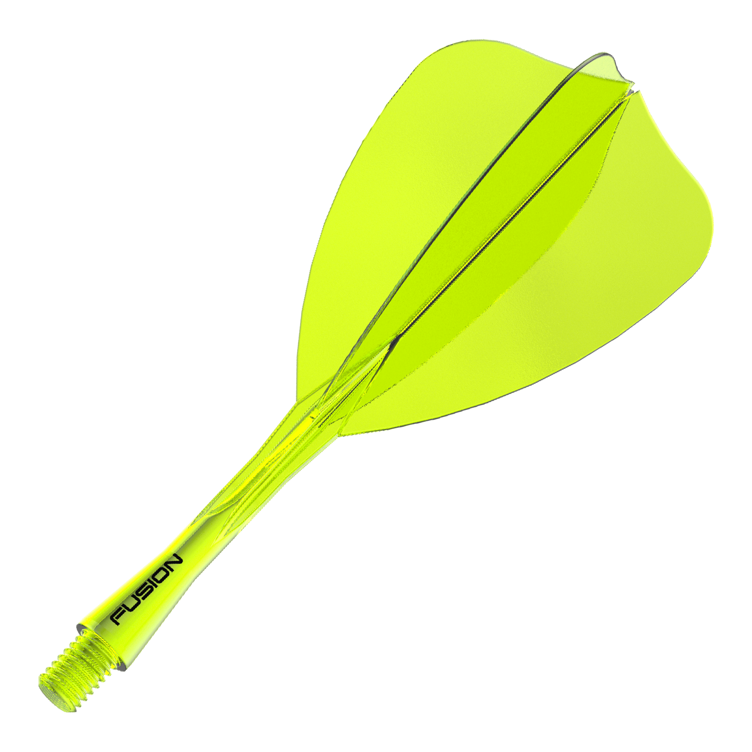 Abgebildet ist ein Dartshaft- und Flight-System in Neongelb, 28 mm lang. Der Artikelname deutet auf ein Winmau Fusion Flight Shaft System Arrow hin.