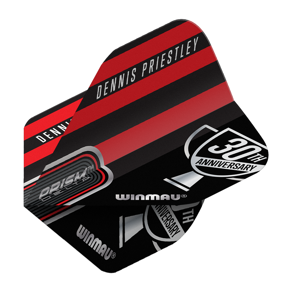 Winmau Prism Delta Dennis Priestley Diamond 3-Zero No2 Standard Flights Das Bild zeigt ein Winmau Prism Delta Dart-Flight mit dem Namen "Dennis Priestley". Das Design ist in Schwarz und Rot gehalten und enthält den Schriftzug "30th Anniversary".