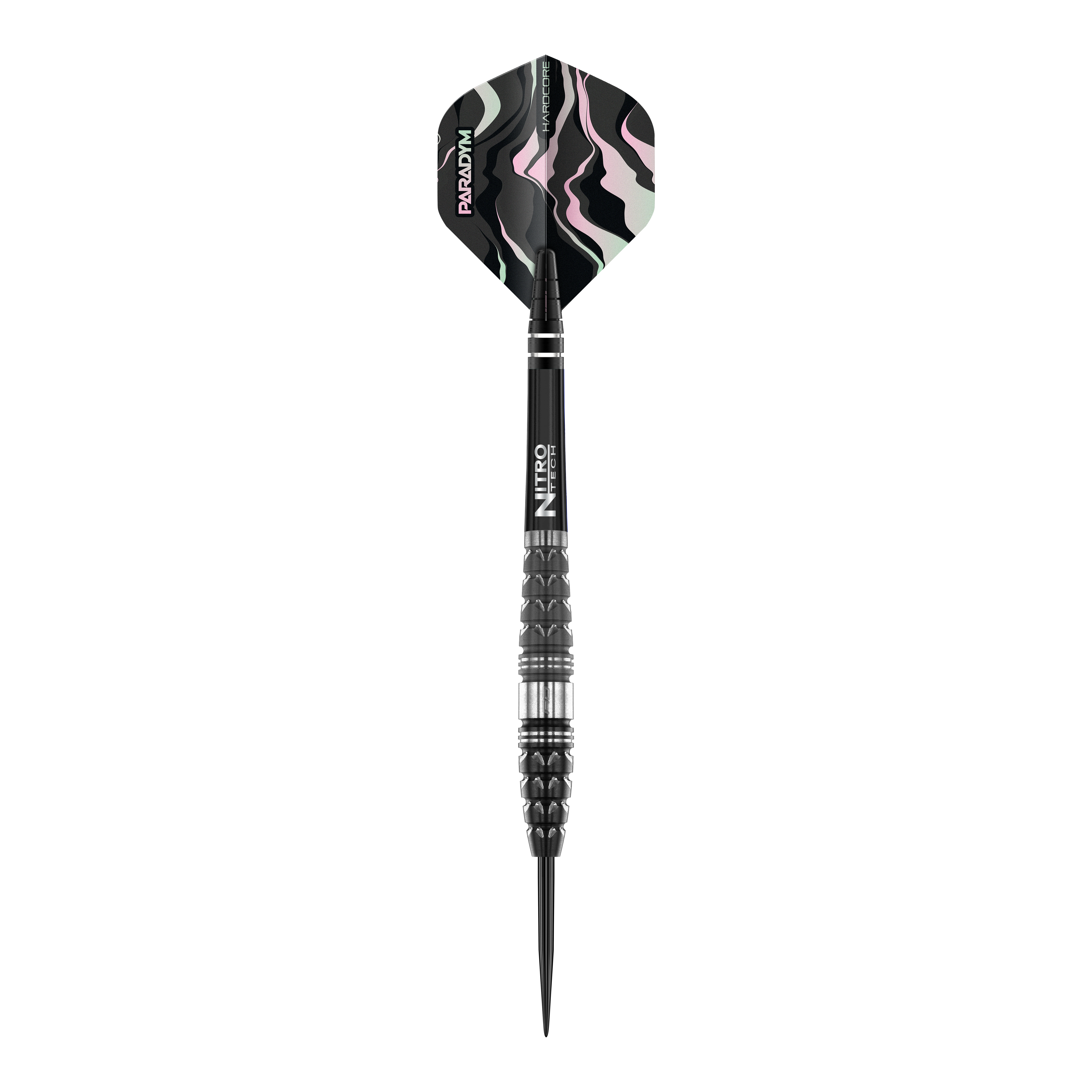 Red Dragon Paradym Torpedo Steel Darts Das Bild zeigt einen Red Dragon Paradym Torpedo Steeldart mit einem schwarzen, strukturierten Griff. Am Ende befindet sich ein Flight mit einem abstrakten Muster in Schwarz, Weiß und Rosa.