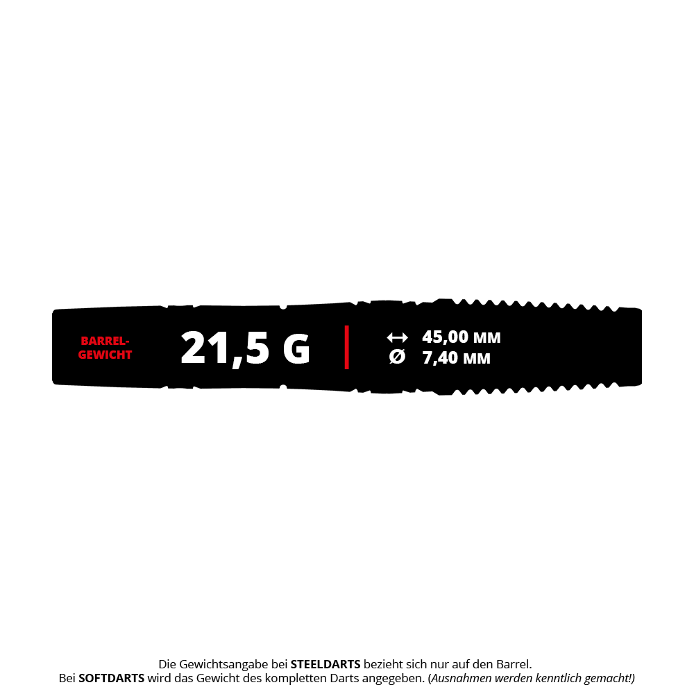 Das Bild zeigt die Produktdaten der Target Japan Haruki Muramatsu Rising Sun GEN9 2BA Softdarts mit einem Barrelgewicht von 21,5 Gramm. Die Länge beträgt 45,00 mm und der Durchmesser 7,40 mm.