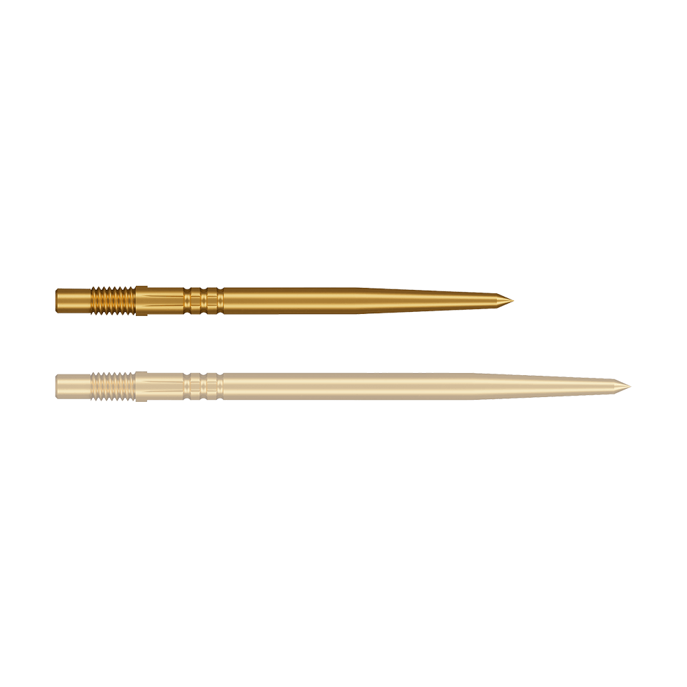 Shot Turbo Point Dart Tips - Gold Eine einzelne, goldfarbene Dartspitze mit glatter Oberfläche ist zu sehen. Sie hat ein filigranes Design.