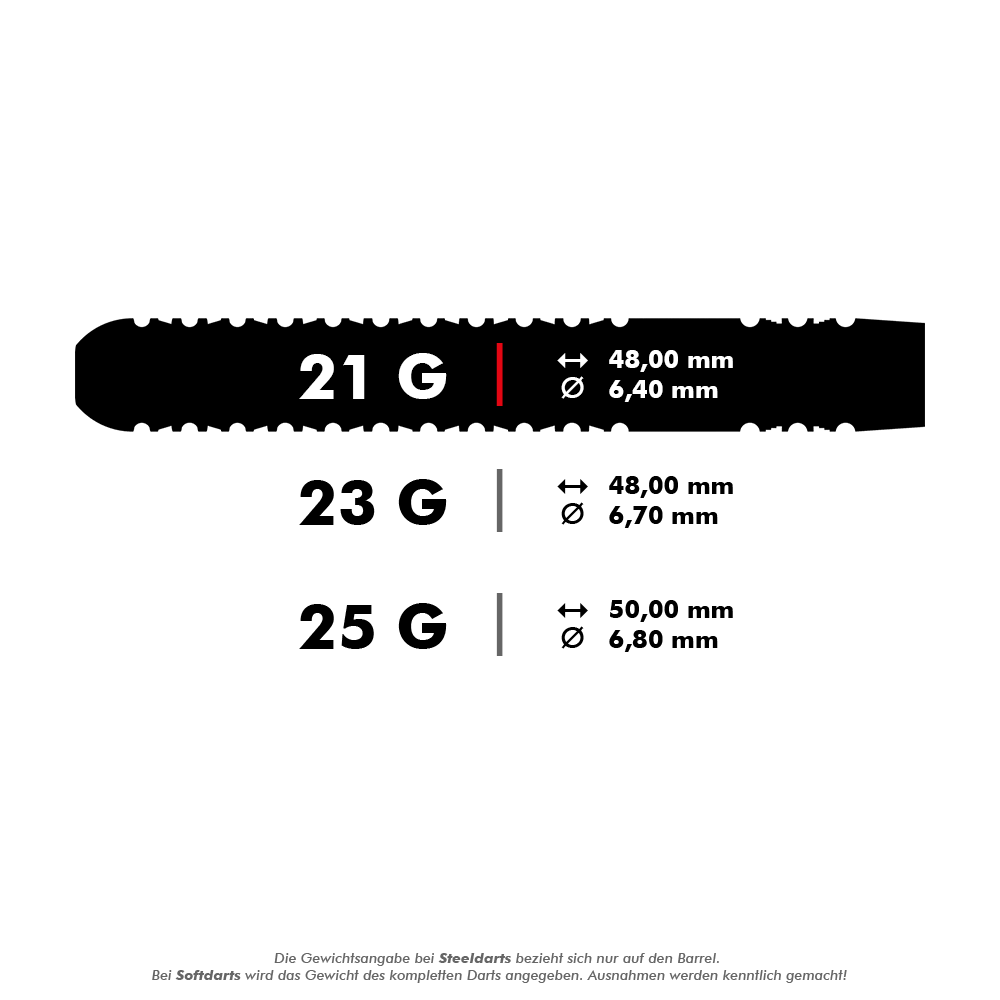 190095_Target_Rob_Cross_GEN2_Swiss_Point_Steeldarts_5_21g Das Bild zeigt die verschiedenen Gewichtsklassen und Maße der Target Rob Cross GEN2 Swiss Point Steeldarts. Es gibt Varianten mit 21 g (48,00 mm Länge, 6,40 mm Durchmesser), 23 g (48,00 mm, 6,70 mm) und 25 g (50,00 mm, 6,80 mm).