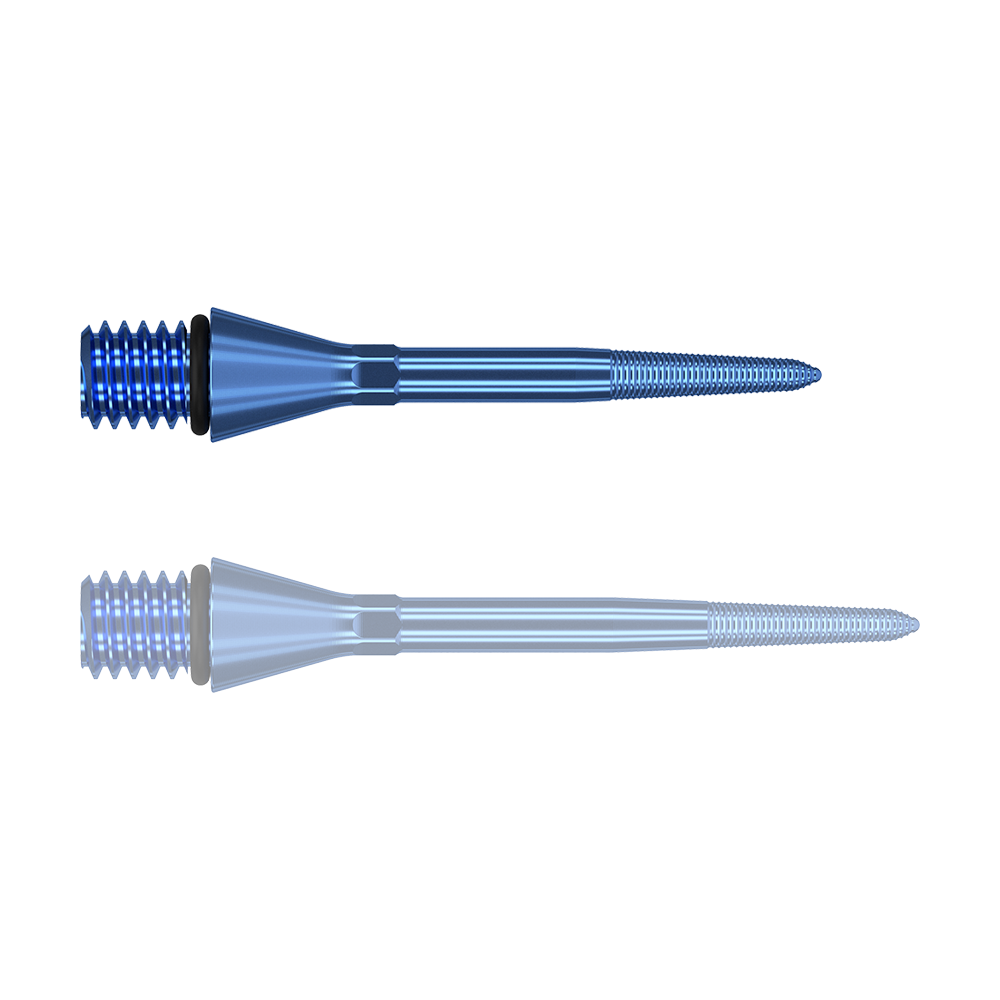 380164_Target_Titanium_Swiss_Point_Nano_Conversion_Points_Blau_26mm_1rGEcNdNlUMbz7 Das Bild zeigt zwei blaue, spitze Metallteile mit Gewinde an einem Ende. Sie liegen parallel zueinander auf weißem Hintergrund.