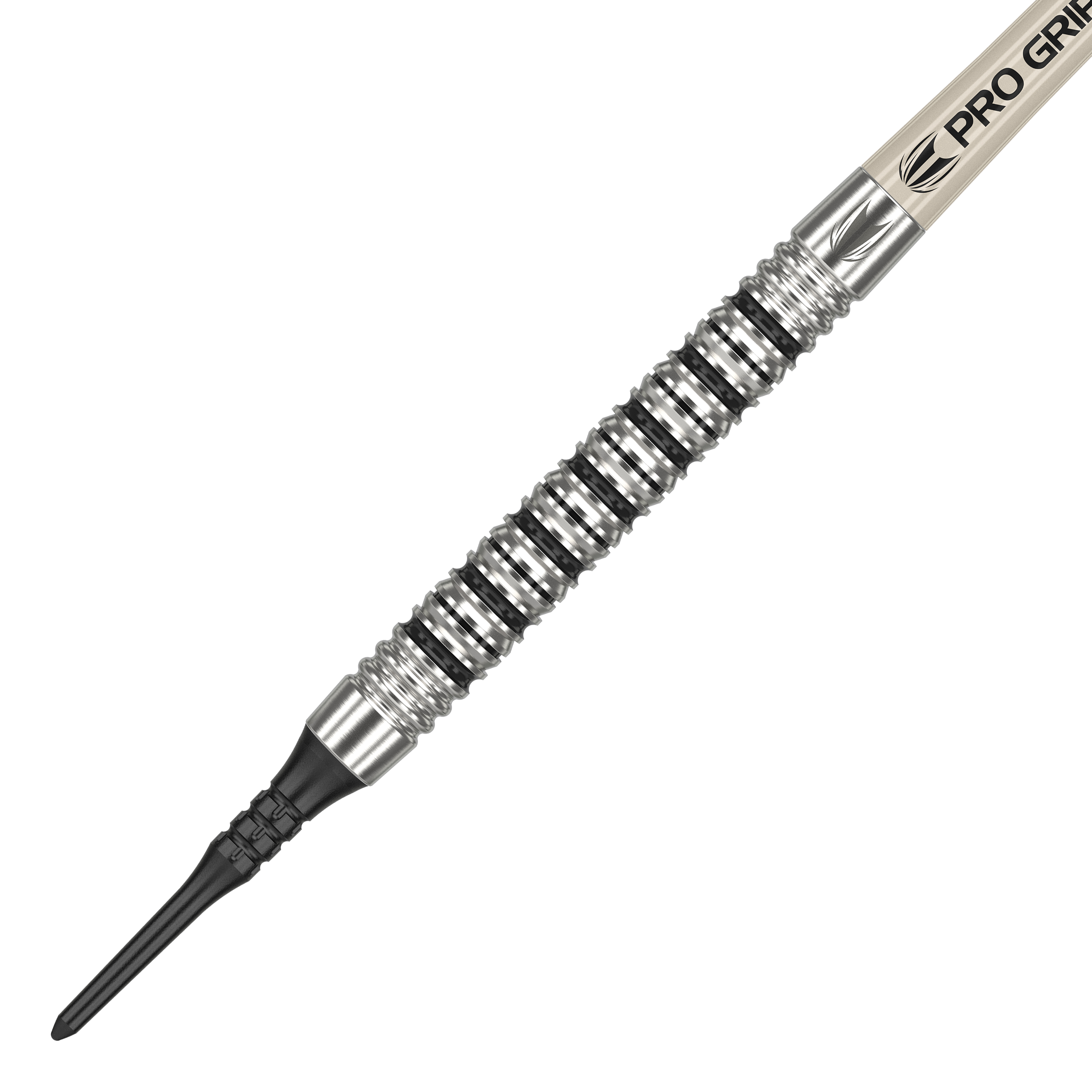 Target EXO 11 Soft Darts Das Bild zeigt den Target EXO 11 Softdart. Der Dart hat eine silberne, gerillte Griffzone und eine schwarze Kunststoffspitze.