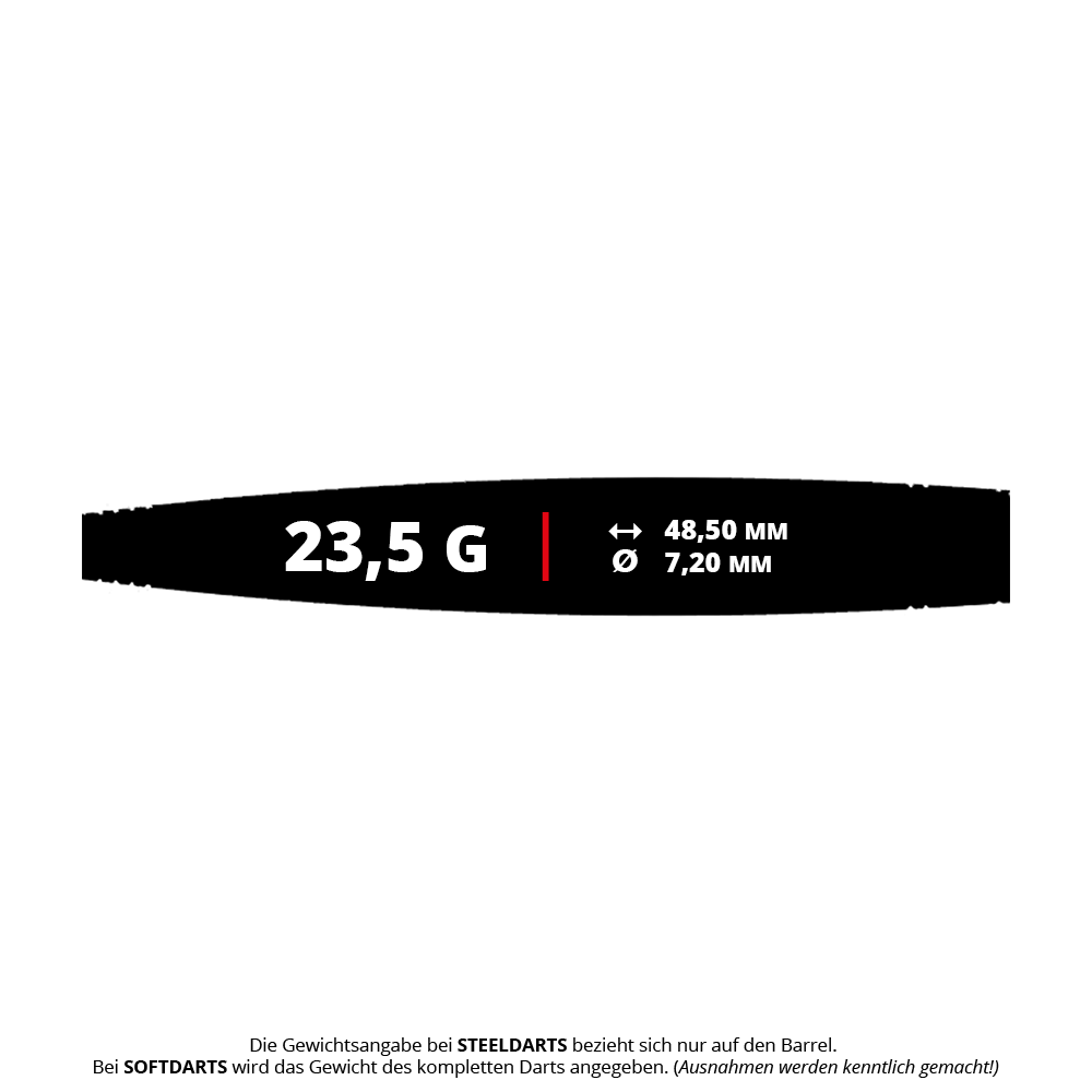 Abgebildet ist der Caliburn Chord C2 Steeldart mit einem Gewicht von 23,5g. Der Dart eignet sich für ambitionierte Spieler und hat ein schlankes Design.