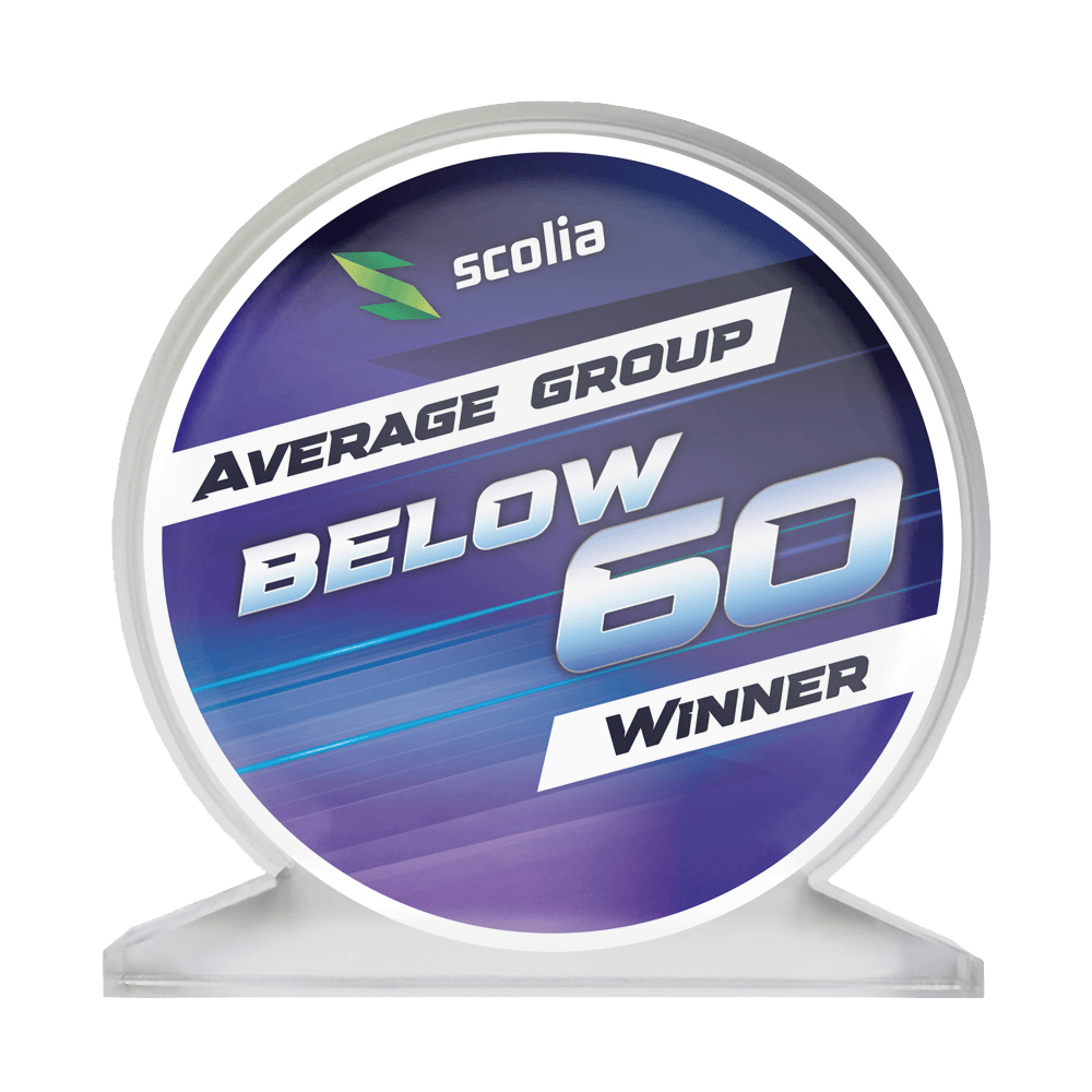 Scolia Acrylic Glass Trophy - Winner Zu sehen ist ein Acrylglas-Pokal mit dem Namen "SCOPO-B60 Scolia". Dieser Pokal wird für einen Average unter 60 verliehen.