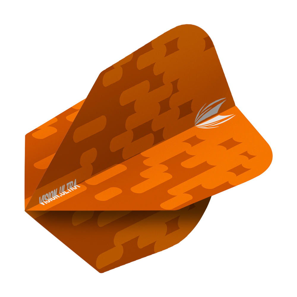 TG61_333810_Target_Vision_Ultra_Orange_Ten-X_Flights_2 Das Bild zeigt das Produkt "Target Vision Ultra Orange Ten-X Flights". Es handelt sich um einen orangenen Dartflight mit einem modernen Muster und weißem Logo.