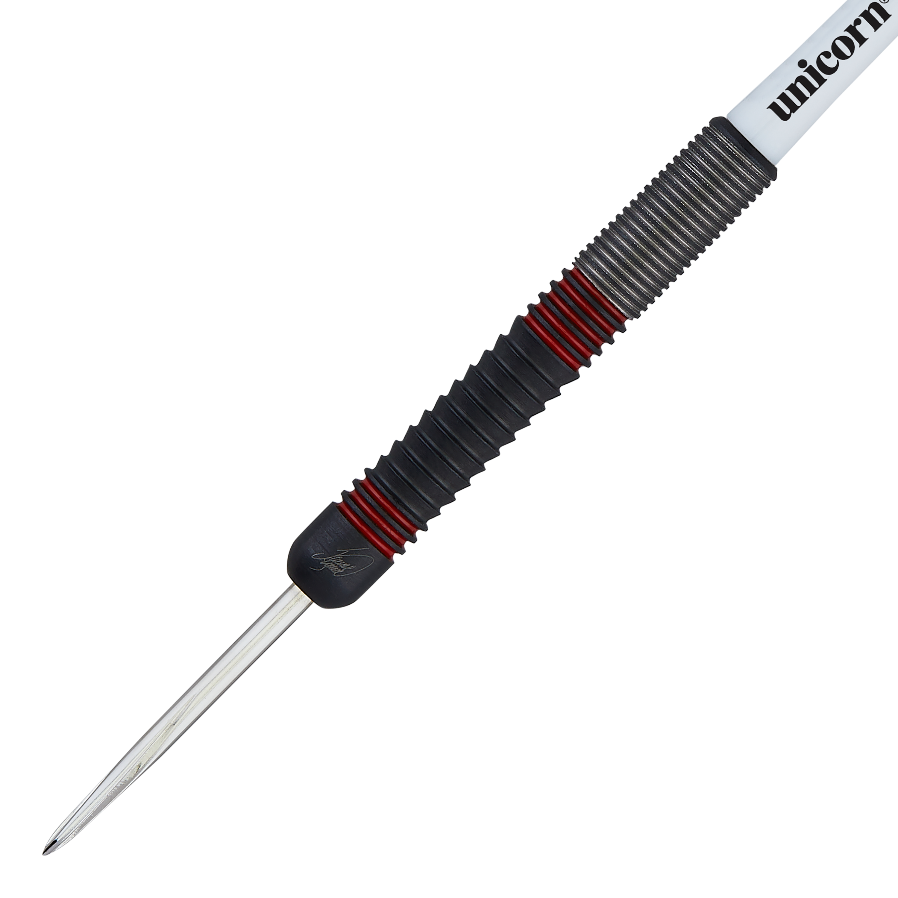 Auf dem Bild ist ein Steeldart der Marke Unicorn, Modell "The Machine James Wade 80%", zu sehen. Der Dart hat ein geriffeltes schwarzes Griffstück mit roten Akzenten und einer silbernen Spitze.