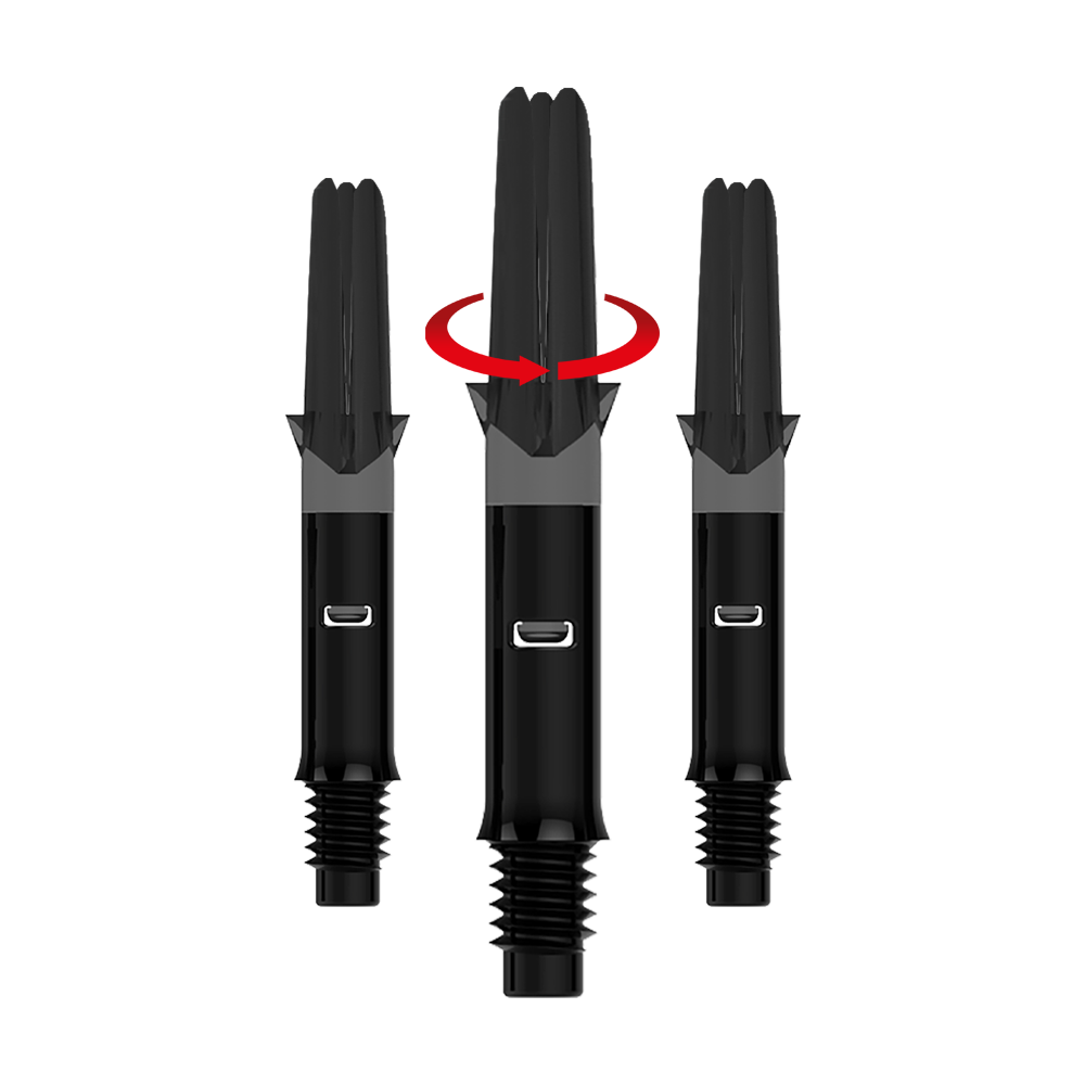L-L-Style-Shafts Silent Straight - Black Auf dem Bild sind drei schwarze Dart-Schäfte ohne Kappen zu sehen. Der mittlere Schaft ist zudem mit einem roten Pfeil versehen, der eine Drehbewegung anzeigt.