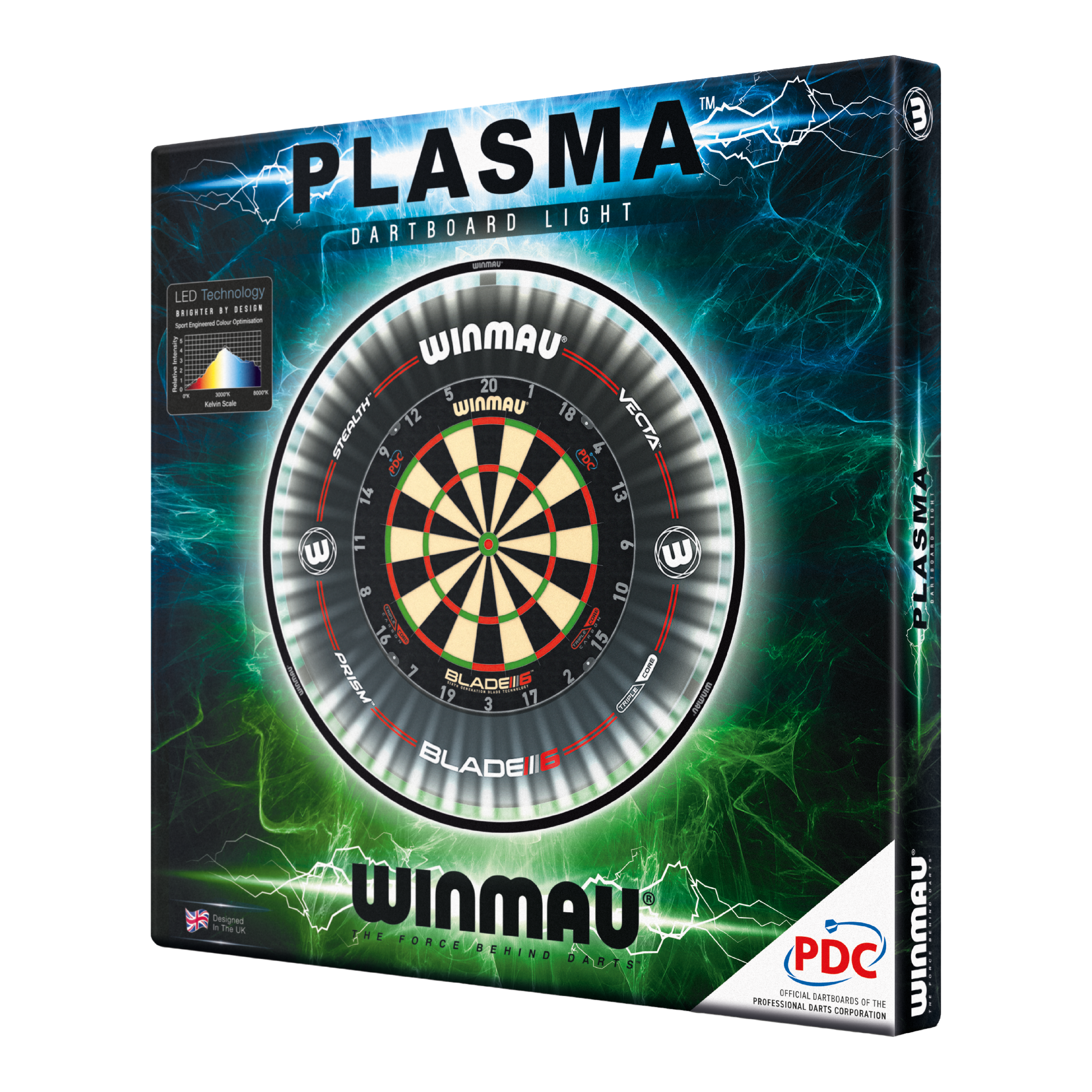 Winmau Plasma LED Dartboard Light auf dem Bild zu sehen. Es ist eine LED-Beleuchtung für Dartboards.