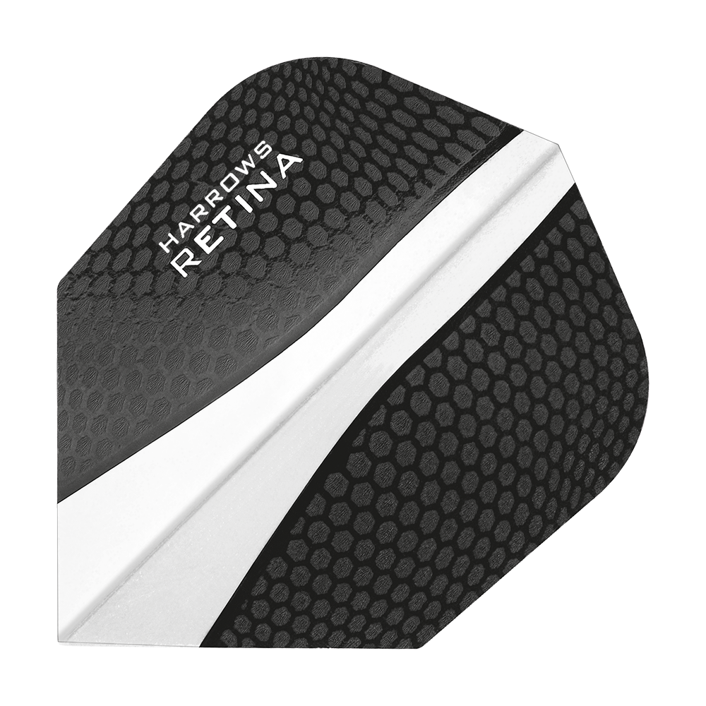HR65_Harrows_Retina_Transparent_No2_Standard_Flights_1 Das Bild zeigt ein Harrows Retina Transparent No6 Flight in schwarzer Farbe mit einem Wabenmuster. In der oberen linken Ecke steht der Produktname "Harrows Retina" in weißer Schrift.
