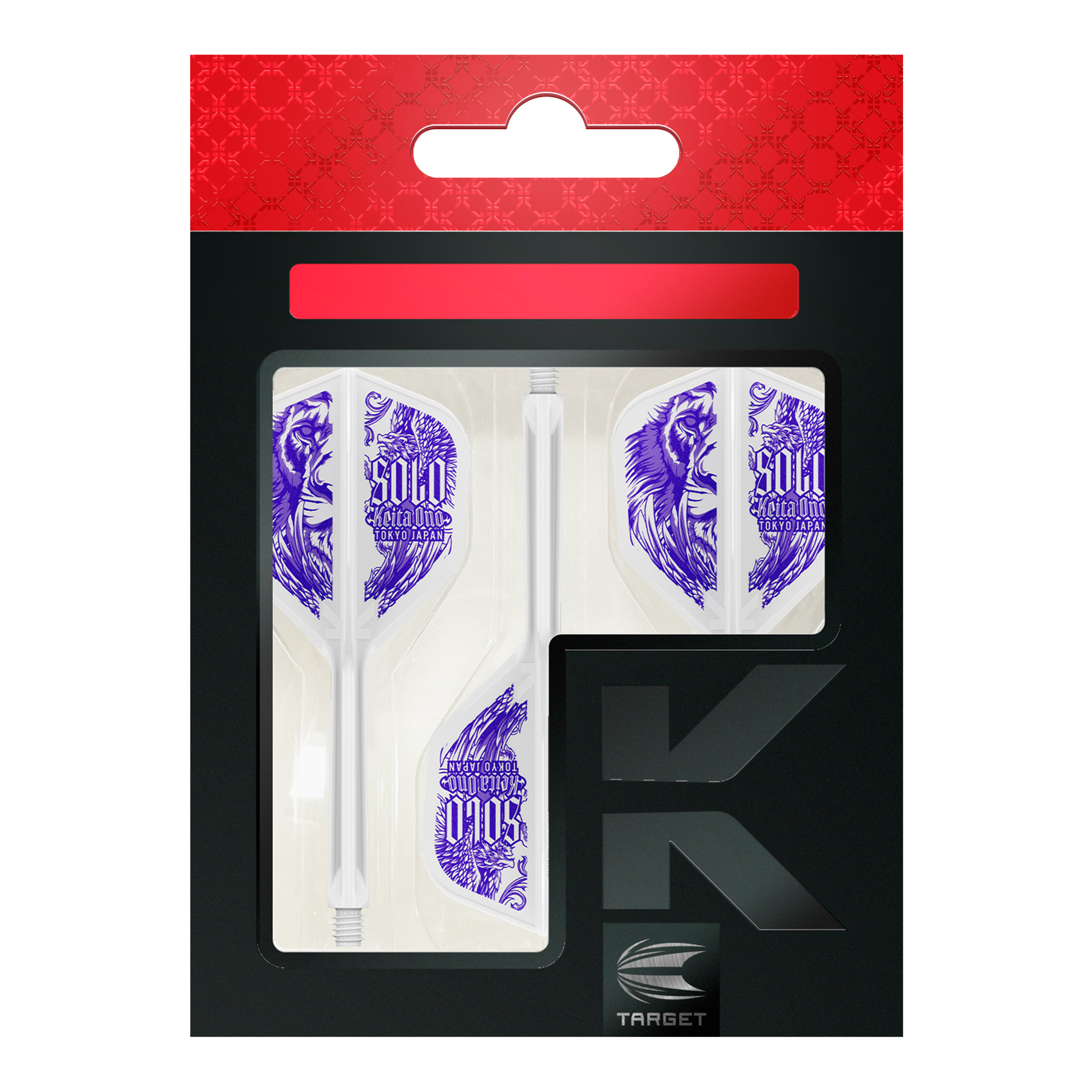 Target Japan K-Flex Keita Ono Solo No6 Flight-Shaft-System Die Abbildung zeigt das Produkt „Target Japan K-Flex Keita Ono Solo No6 Flight-Shaft-System“. In der Verpackung sind weiße Dart-Flights mit violettem Löwenmotiv und Beschriftung zu sehen.