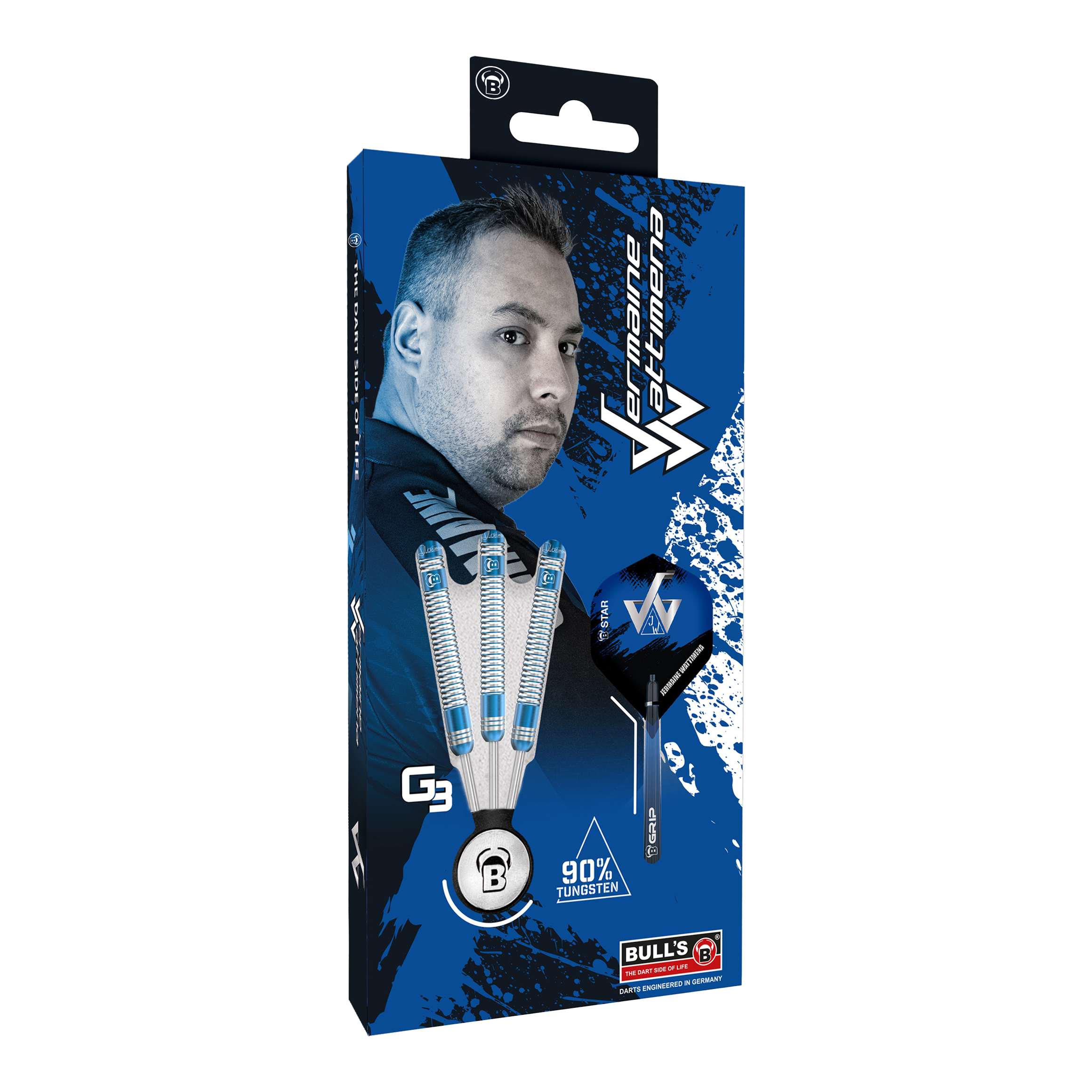 Die Verpackung zeigt die Bulls Jermaine Wattimena Generation 3 Steeldarts mit 90% Tungsten. Auf der Vorderseite ist ein Bild von Jermaine Wattimena und die drei Darts abgebildet.