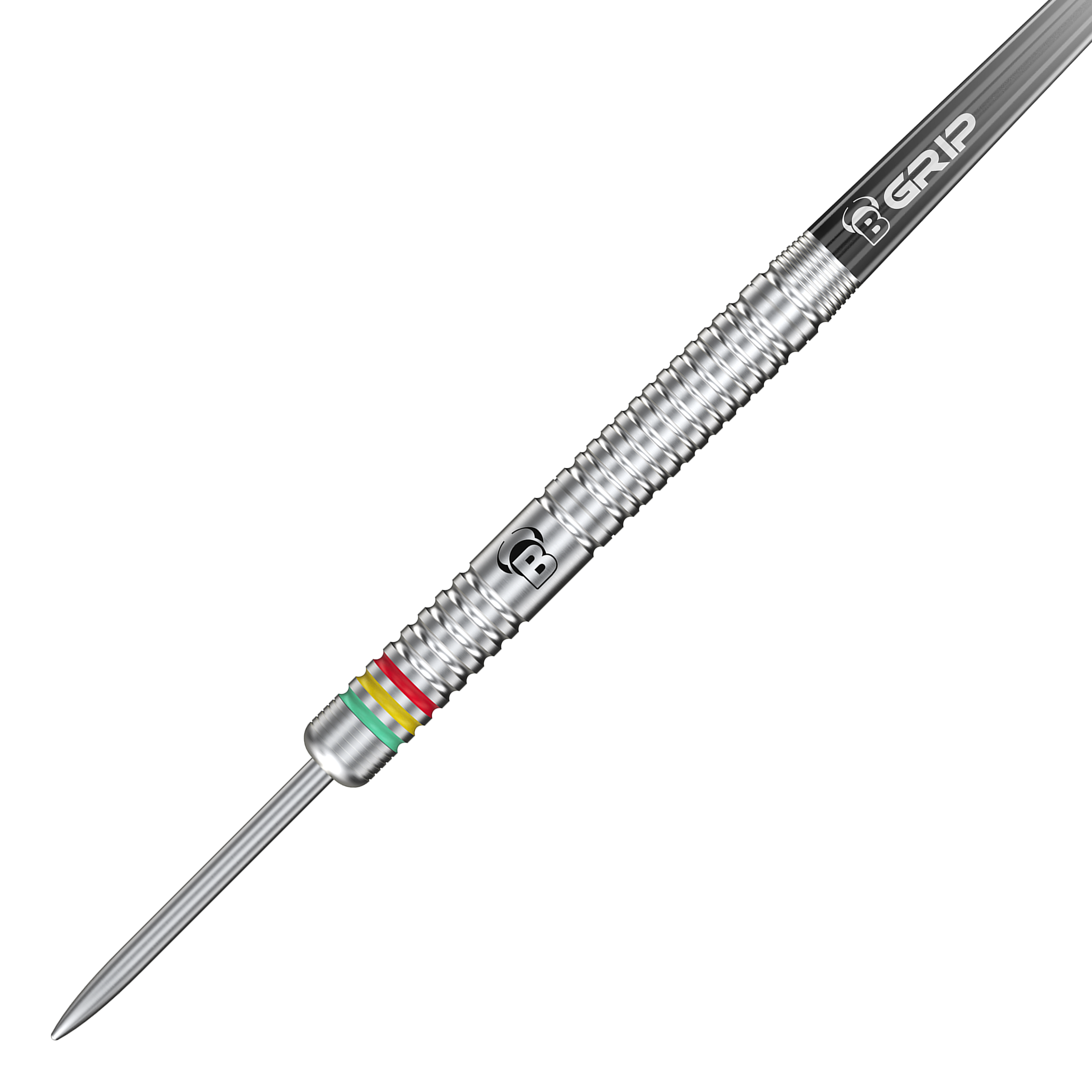 Bulls Martijn Dragt Steel Darts - 24g Das Bild zeigt einen silbernen Steeldart mit Rillen und bunten Ringen nahe der Spitze. Auf dem Dart steht "B GRIP" und es handelt sich um das Modell "Bulls Martijn Dragt Steeldarts - 24g".