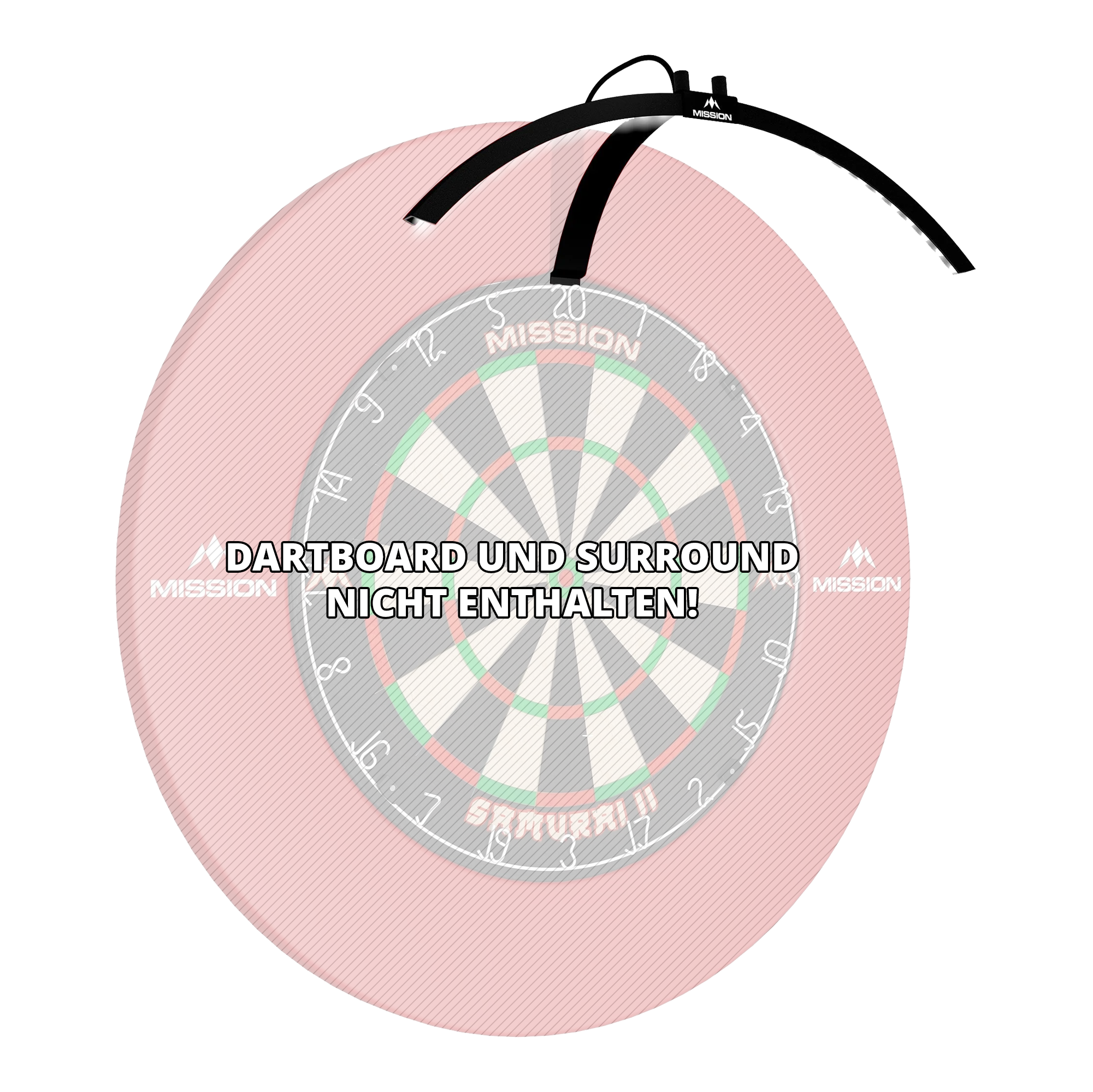 Mission Torus 100 Foldable LED Dartboard Lighting Das Bild zeigt die faltbare LED Dartboard Beleuchtung "Mission Torus 100", die über einem Dartboard platziert ist. Ein Hinweis weist darauf hin, dass das Dartboard und das Surround nicht enthalten sind.