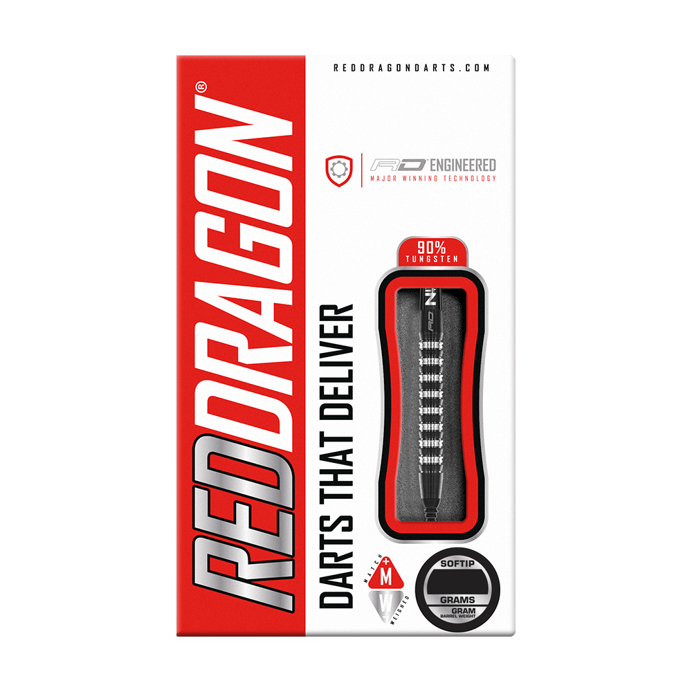 RD2535_Red_Dragon_Razor_Edge_Elite_Softdarts_3 Auf dem Bild ist die Verpackung der "Red Dragon Razor Edge Elite Softdarts - 20g" zu sehen. Die Verpackung ist rot-weiß gestaltet und zeigt einen Softdart mit dem Hinweis auf 90% Tungsten.