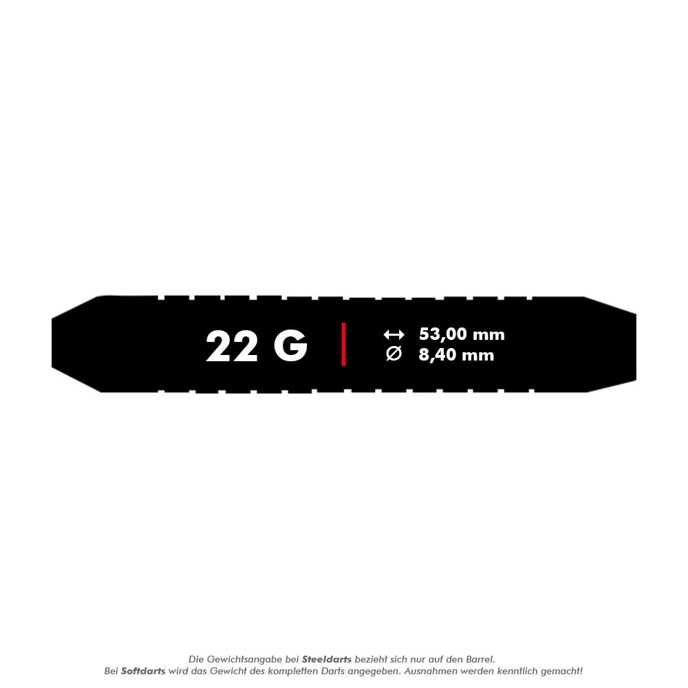 1225-22_Winmau_Broadside_Brass_Steeldarts_5_22g Das Bild zeigt die Maße des Produkts "Winmau Broadside Brass Steeldarts - 22g". Der Dart wiegt 22 Gramm, ist 53,00 mm lang und hat einen Durchmesser von 8,40 mm.