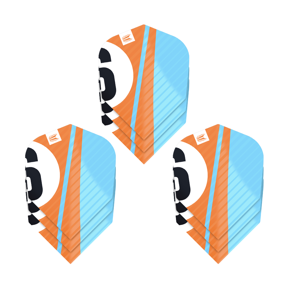 337214_Target_ProUltra_3Sets_Chicane_Orange_No6_Flights_1cAfEplAag8FJ3 Das Bild zeigt drei Sätze der Target Pro Ultra Chicane Orange No6 Flights. Die Flights sind orange und blau mit einer großen schwarzen Zahl 6.