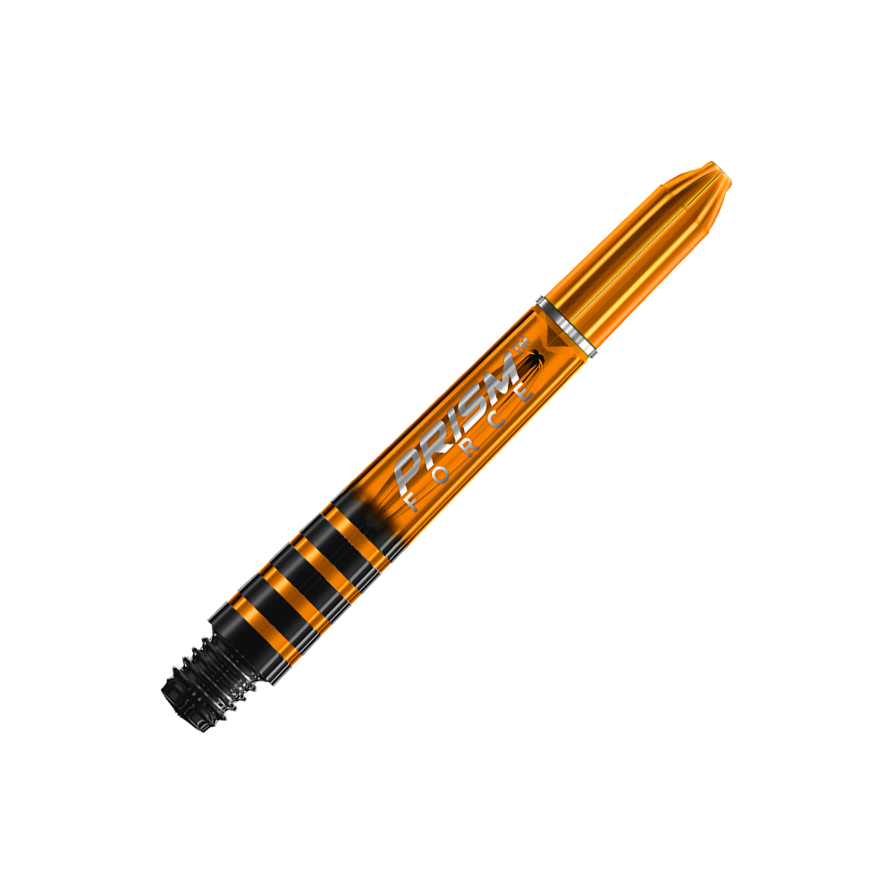 7020-107_Winmau_Prism_Force_Shafts_Orange_35mm_2hsIZF2VHJMTCV Das Bild zeigt einen orangefarbenen Winmau Prism Force Shaft. Auf dem Shaft steht der Schriftzug "PRISM FORCE" in weißer Schrift.