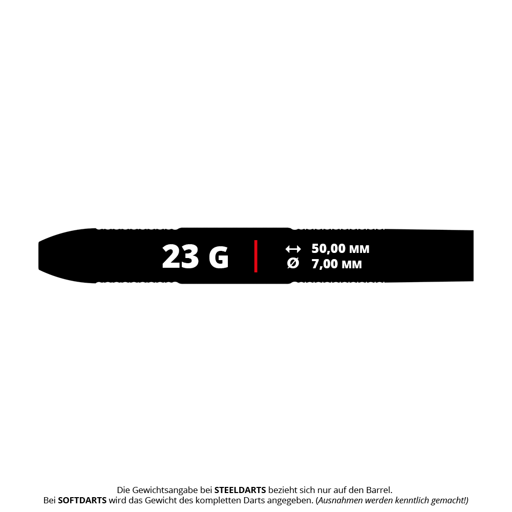 Bulls Challenger Sascha Stuhlemmer Steeldarts - 23g Das Bild zeigt die Produktangaben für die Bulls Challenger Sascha Stuhlemmer Steeldarts mit einem Gewicht von 23 Gramm. Der Barrel ist 50,00 mm lang und hat einen Durchmesser von 7,00 mm.