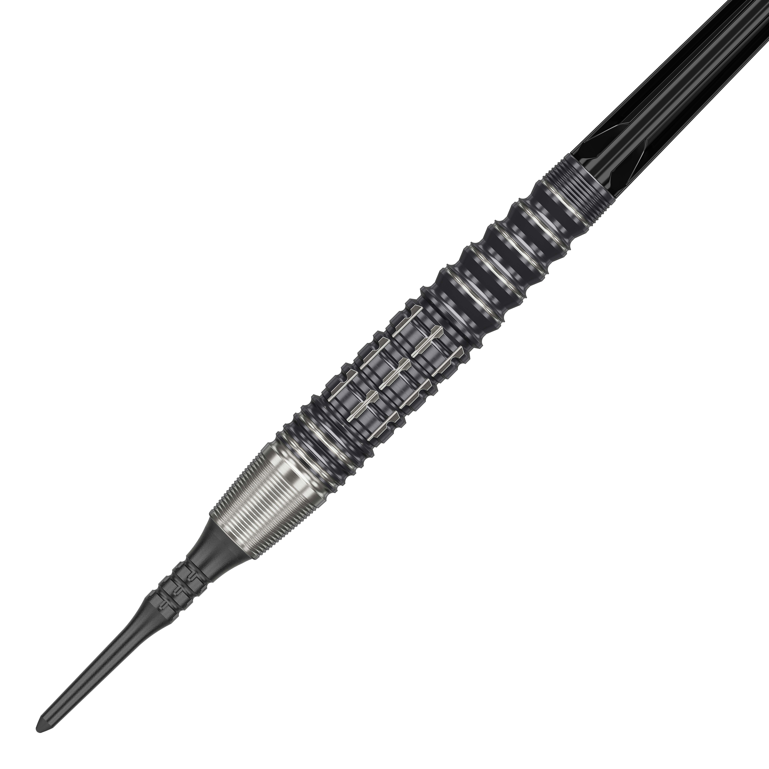 Das Bild zeigt einen Softdart aus der Target Japan Prime Series, Modell Harold Ching GEN1 Zenith MAX mit 21g Gewicht. Der Dart hat ein markantes, geriffeltes Design mit silbernen und schwarzen Elementen.