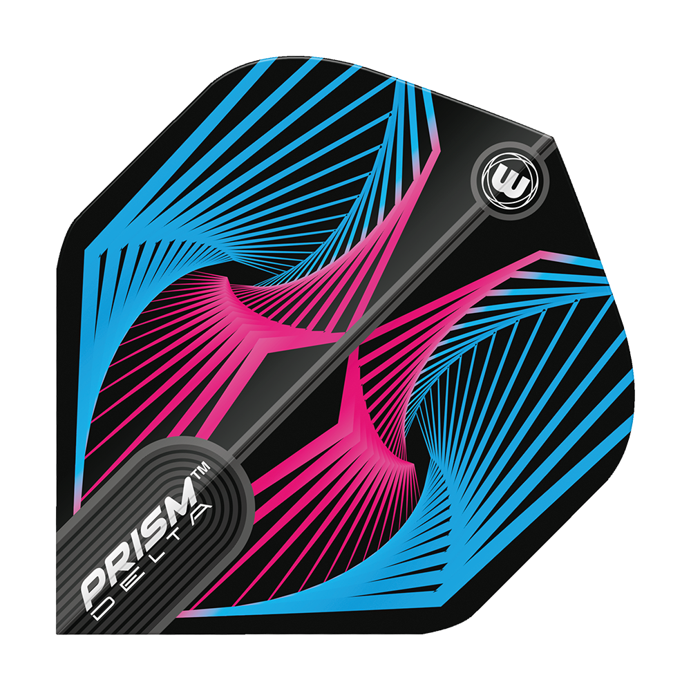 6915-239_Winmau_Prism_Delta_Spiral_BluePink_Standard_Flights_1euZyBqdmvAErl Dieses Bild zeigt das Produkt "Winmau Prism Delta Spiral BluePink Standard Flight". Das Design ist schwarz mit auffälligen blauen und pinken Spiralmustern.