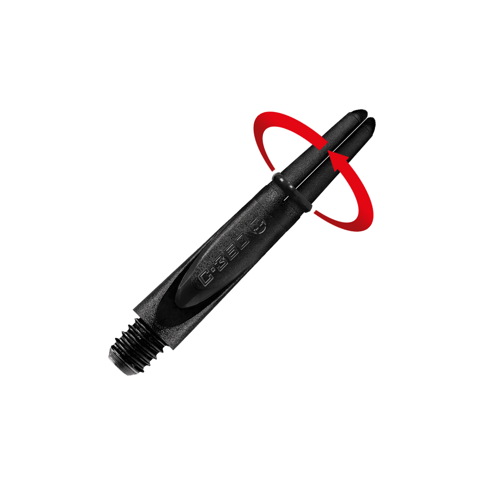 HR458_Harrows_Carbon_360_Shafts_Schwarz_35mm_2_Symbol Das Bild zeigt einen schwarzen Dart-Schaft mit einer drehenden roten Pfeilmarkierung. Der Schaft hat die Aufschrift „C-360“ und ein Gewinde am unteren Ende.