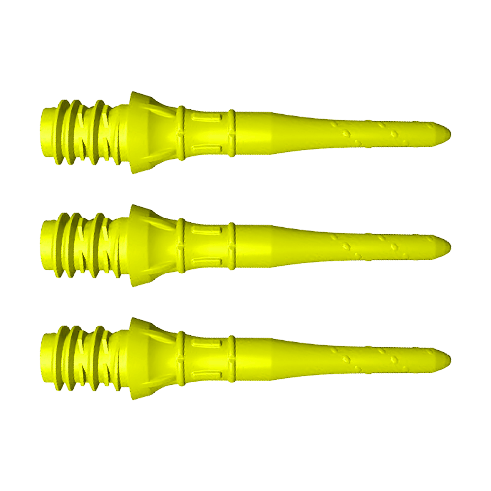 Das Bild zeigt drei kurze, neon-gelbe Dartspitzen, die nebeneinander liegen. Sie haben ein Schraubgewinde und sind für Soft-Darts geeignet.