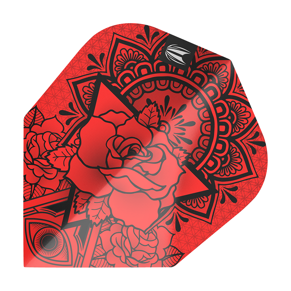 TG482_335420_Target_ProUltra_Ink_Red_No6_Flights_1 Das Bild zeigt das Produkt "Target ProUltra Ink Red No6 Flights". Es ist in leuchtendem Rot gehalten und mit schwarzen Mustern sowie einer großen Rose verziert.