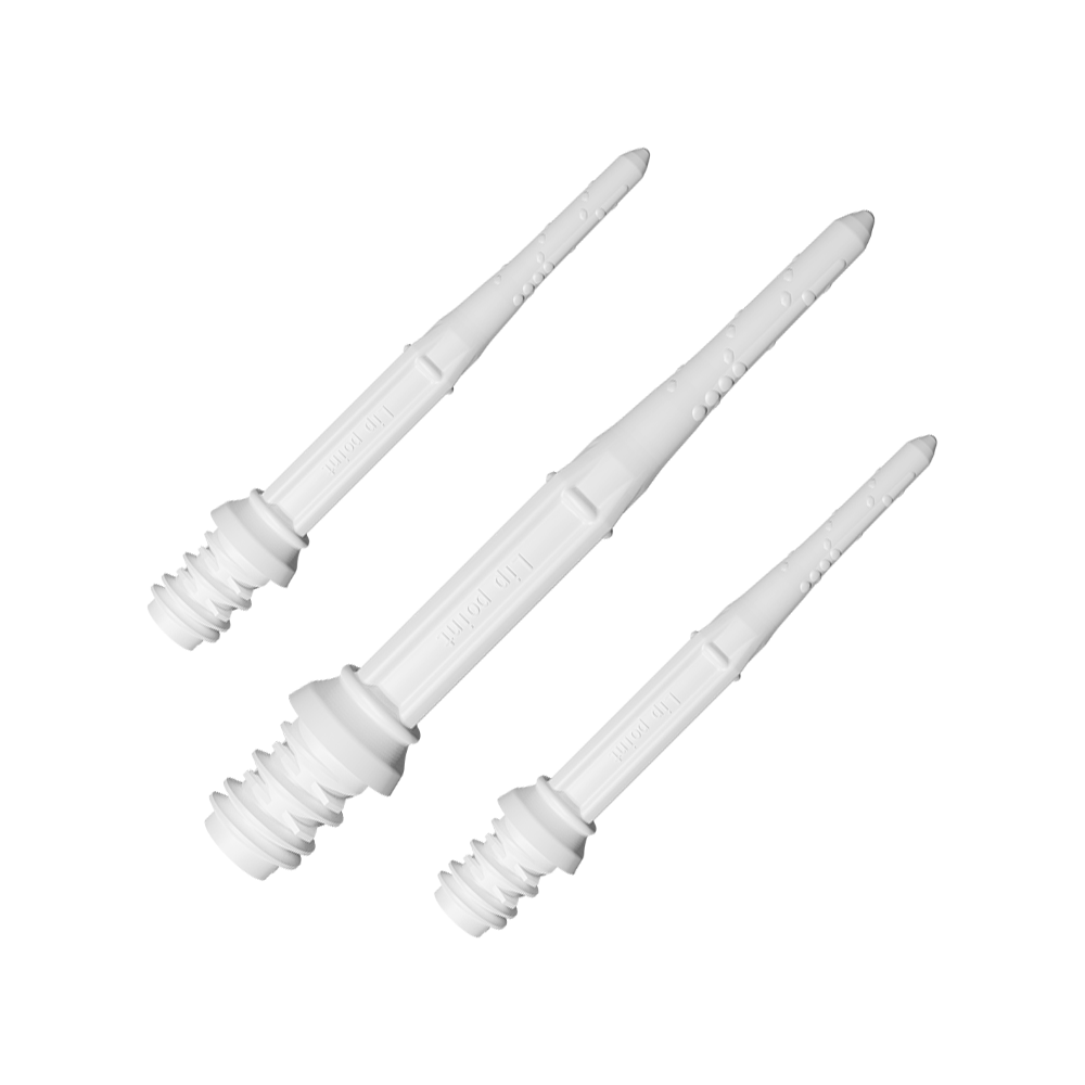LIP43_L-Style_Premium_Lippoints_30_Softdartspitzen_30erPack_Weiss_1 Das Bild zeigt drei weiße Softdartspitzen in einer Nahaufnahme. Die Spitzen haben eine glatte Oberfläche mit kleinen Vertiefungen und einem Schraubgewinde am Ende.
